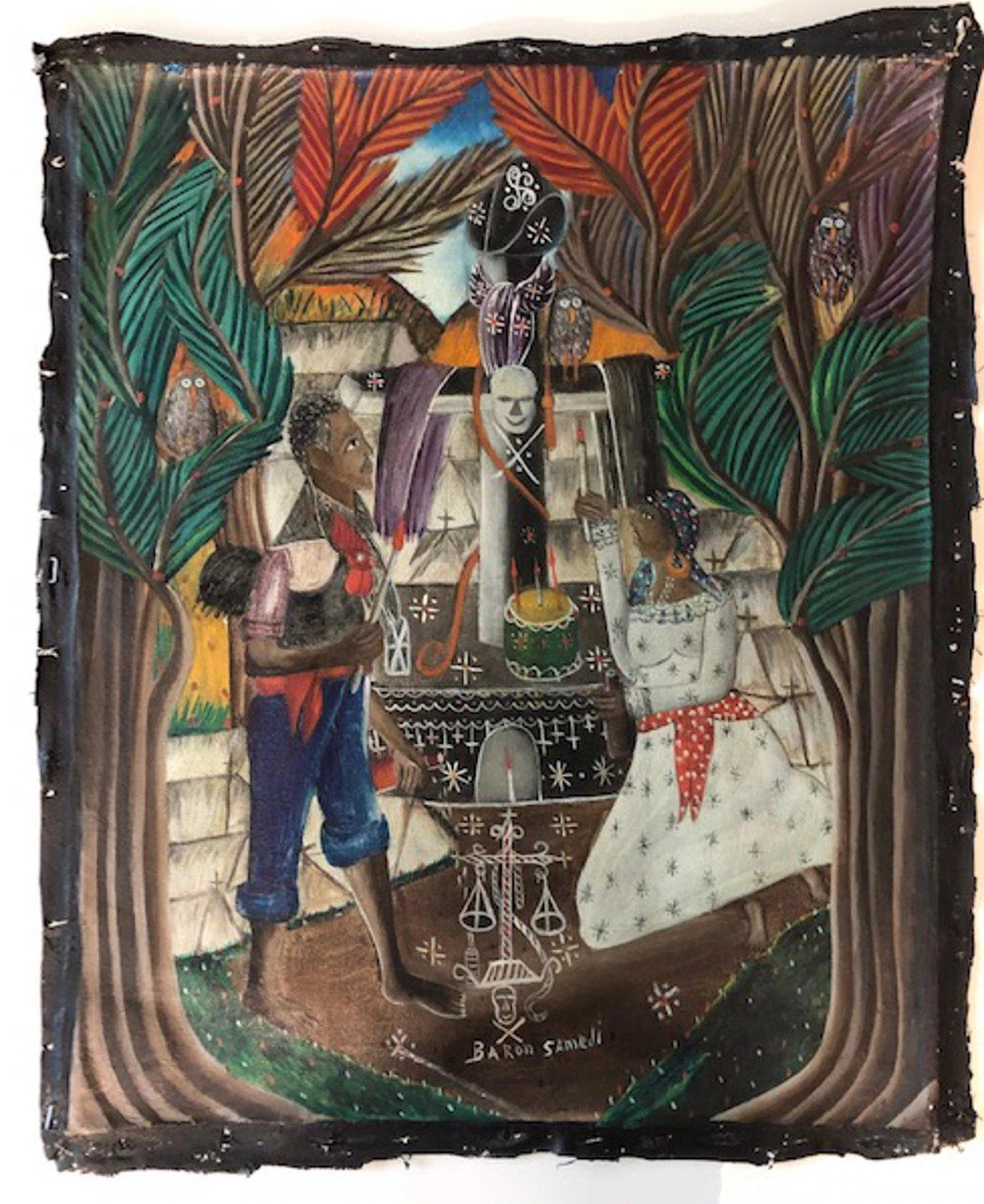 André Pierre Figurative Painting - Andre Pierre (Haitian, 1914-2005) "Baron Samedi in the Cemetery" Oil on Canvas