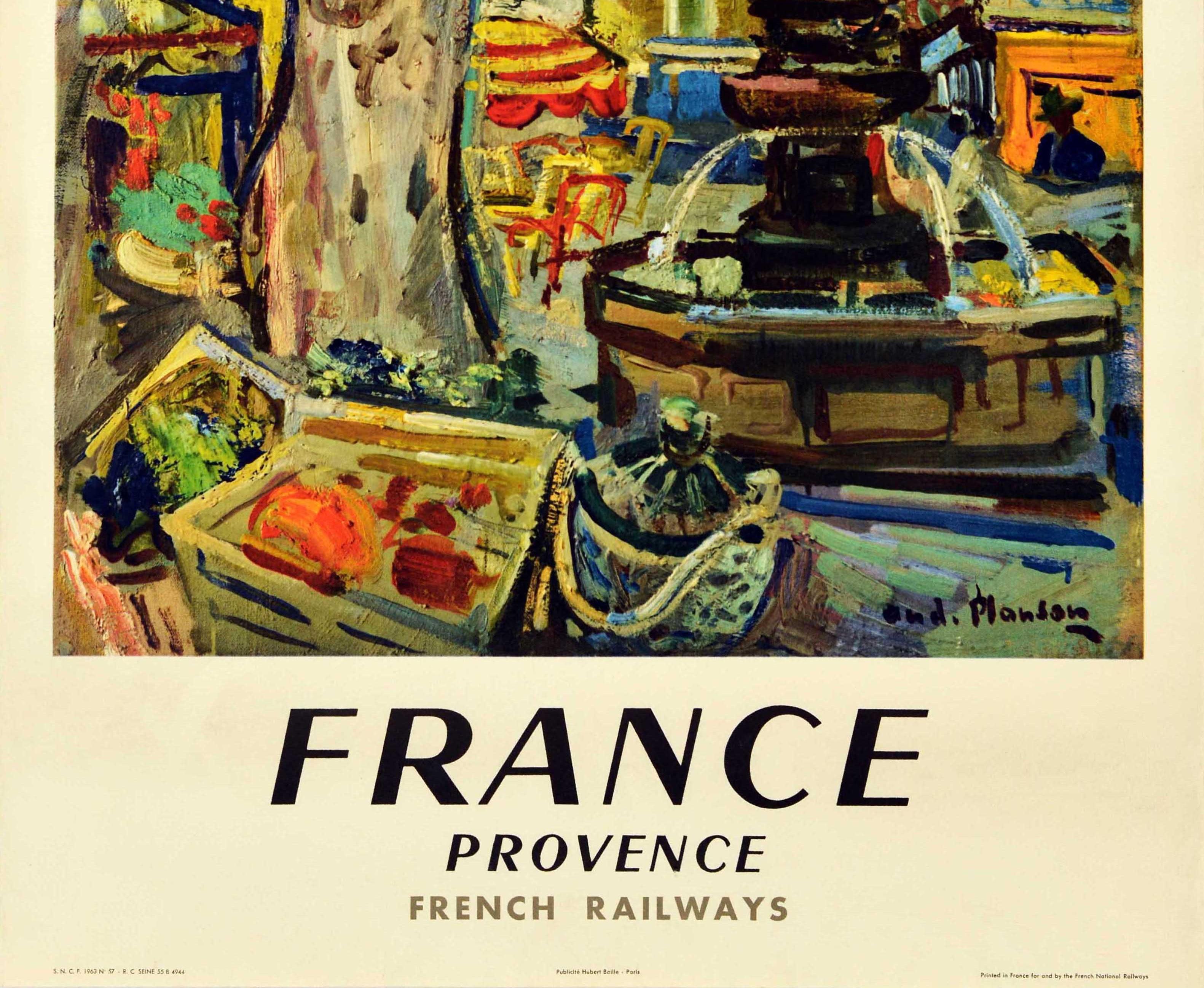 Original vintage railway travel poster for France Provence issued by the state owned French national railways (SNCF Societe Nationale des Chemins de Fer Francais; founded 1938) featuring colourful artwork by the painter Andre Planson (1898-1981)