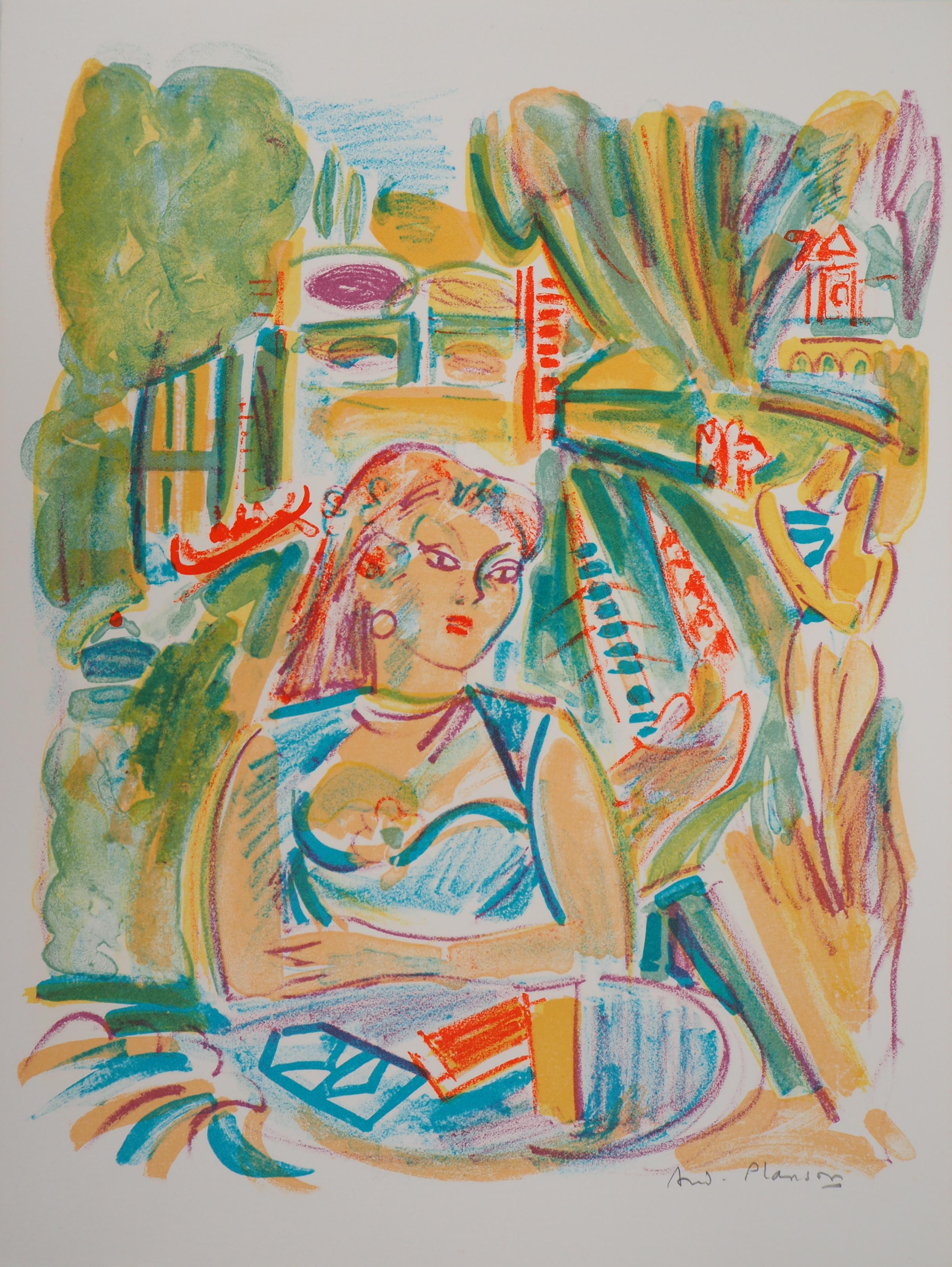 Figurative Print de Andre Planson - Día soleado : Joven en el jardín - Litografía original firmada a mano