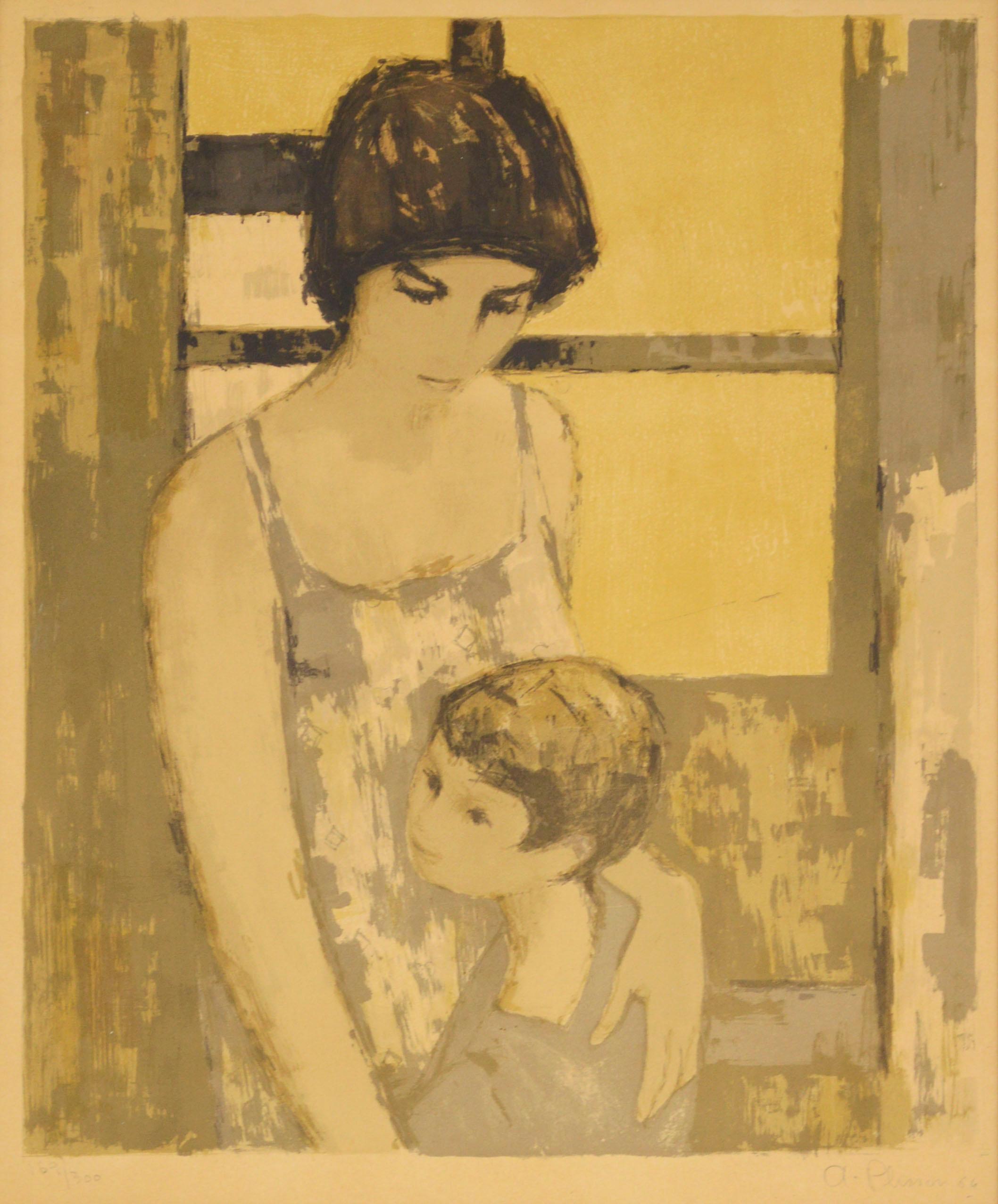 Mother and Child, Midcentury Modern Figurative Screenprint, Signed 169/300 - Print by Andre Plisson