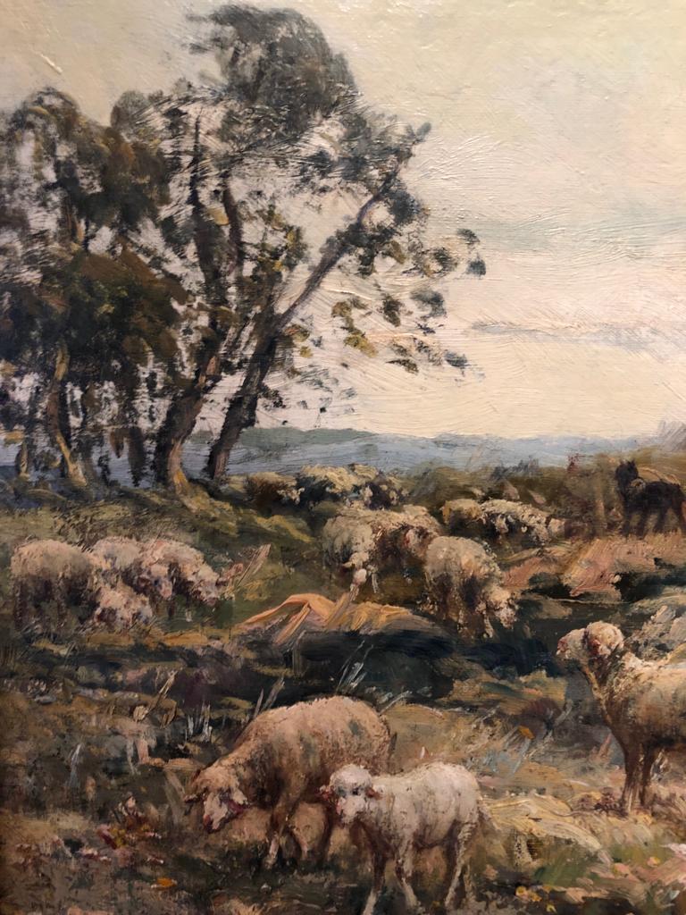Paesaggio idilliaco dipinto a olio con pecore al pascolo e pastore - Painting di André Prevot-Valeri