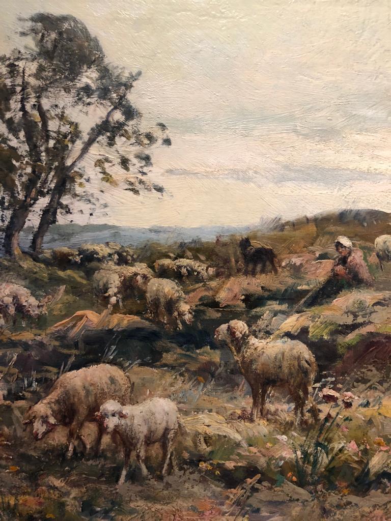 Idyllische Landschaft, Ölgemälde von Schafen, Grazing mit einem Hirten, Österreich (Post-Impressionismus), Painting, von André Prevot-Valeri