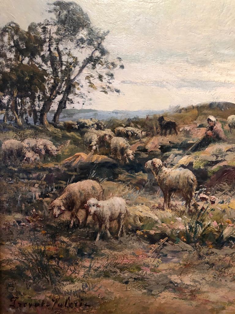 Paesaggio idilliaco dipinto a olio con pecore al pascolo e pastore - Painting Postimpressionismo di André Prevot-Valeri