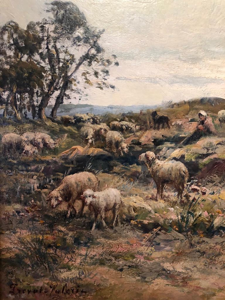 Idyllische Landschaft, Ölgemälde von Schafen, Grazing mit einem Hirten, Österreich (Braun), Animal Painting, von André Prevot-Valeri