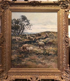 Idyllic Landscape Oil Painting of Sheep Grazing with a Shepherd
