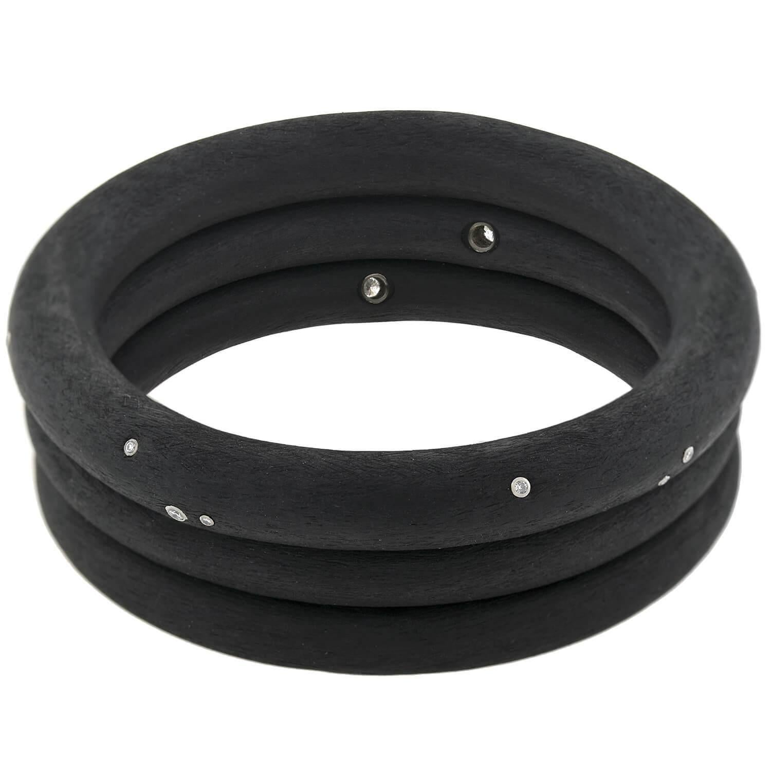 André Ribeiro Contemporary Diamond Rubber Bangle Bracelet Set In Good Condition In Narberth, PA