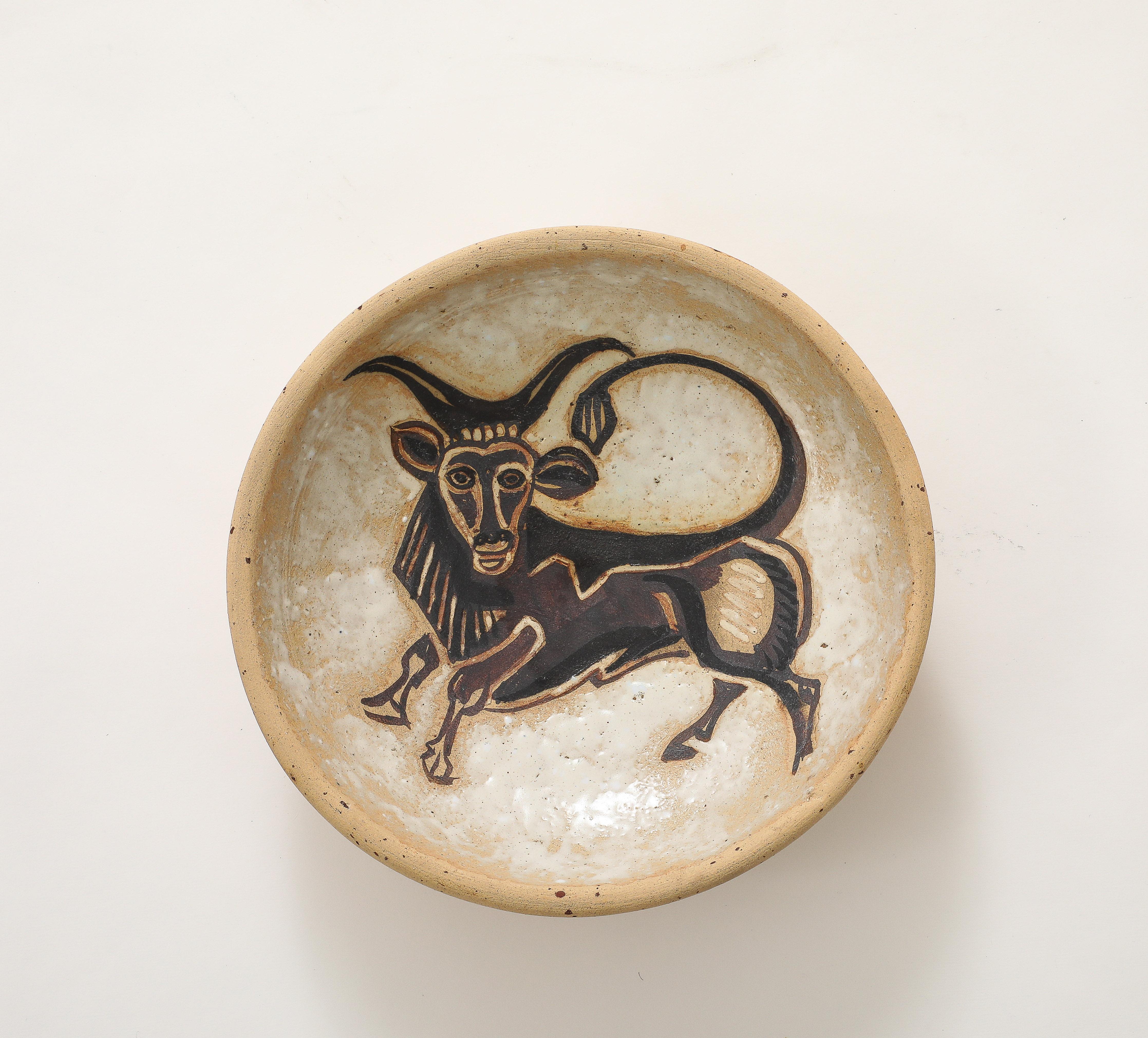 André Rosay Ceramic Bowl with Bull, La Borne, France, 1960, signed

Beautifully rendered, etched and glazed La Borne Ceramic with a 