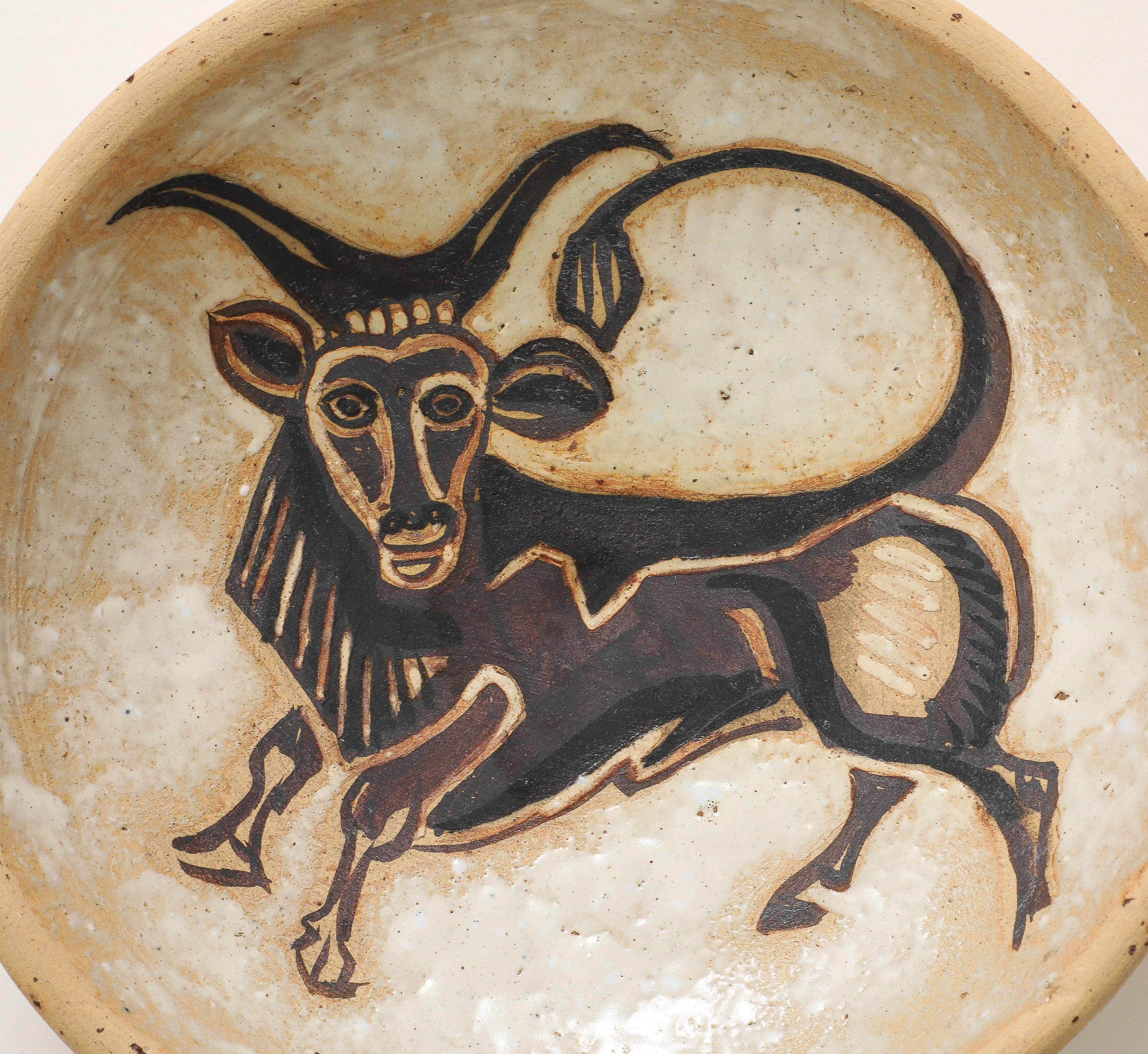 Mid-Century Modern André Rosay Ceramic Bowl with Bull, La Borne, France, 1960, signed For Sale