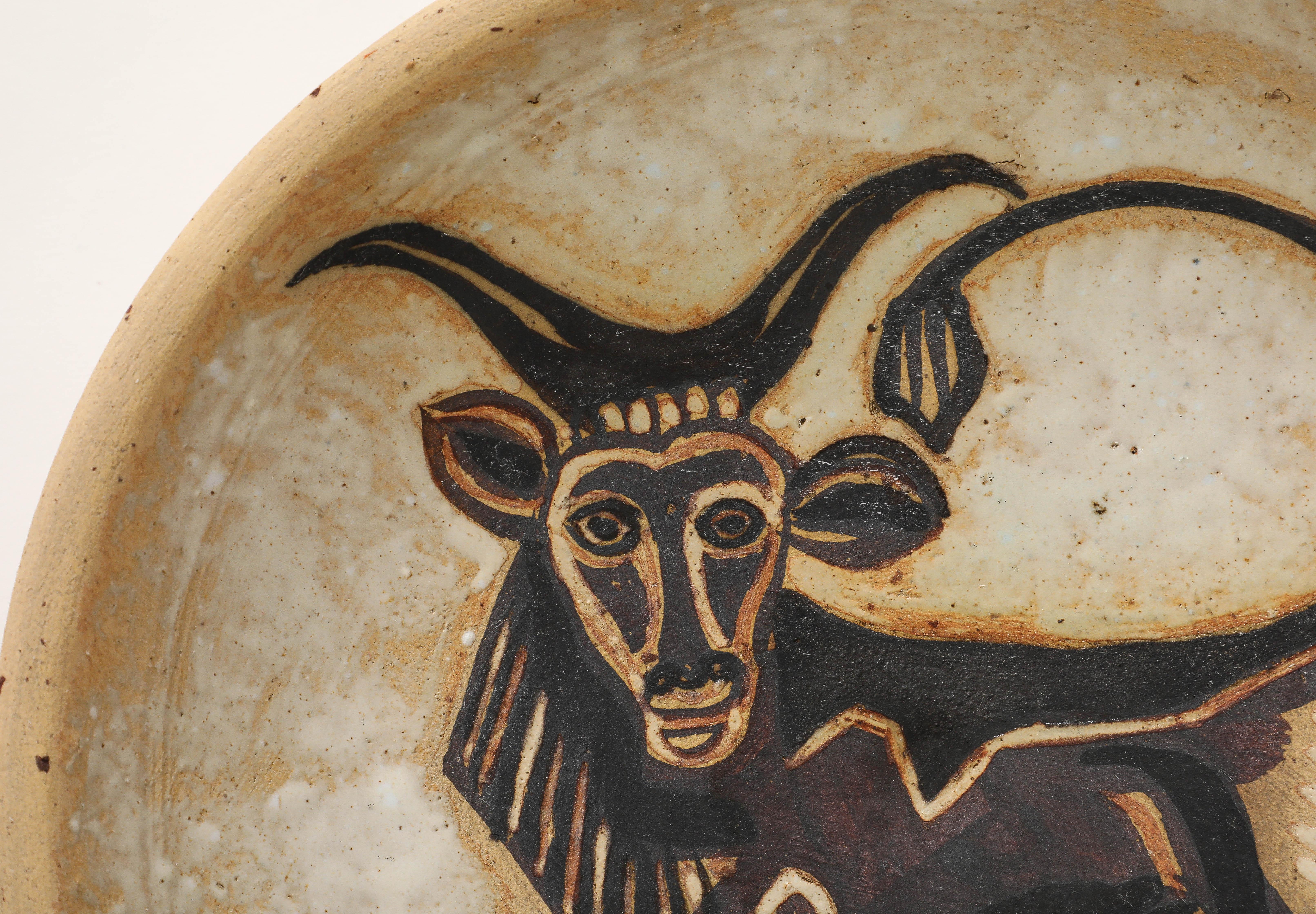 French André Rosay Ceramic Bowl with Bull, La Borne, France, 1960, signed For Sale