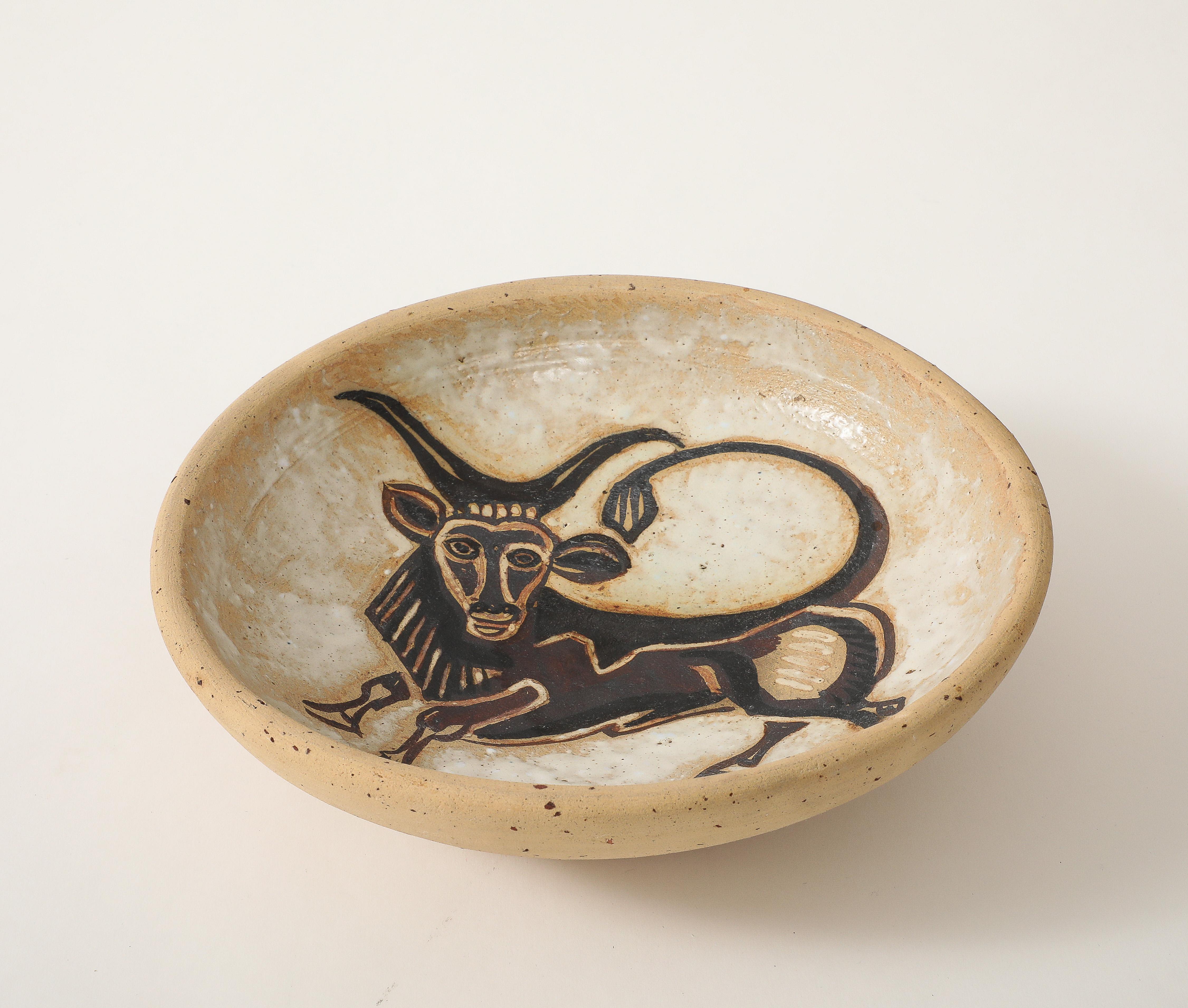 Mid-20th Century André Rosay Ceramic Bowl with Bull, La Borne, France, 1960, signed For Sale