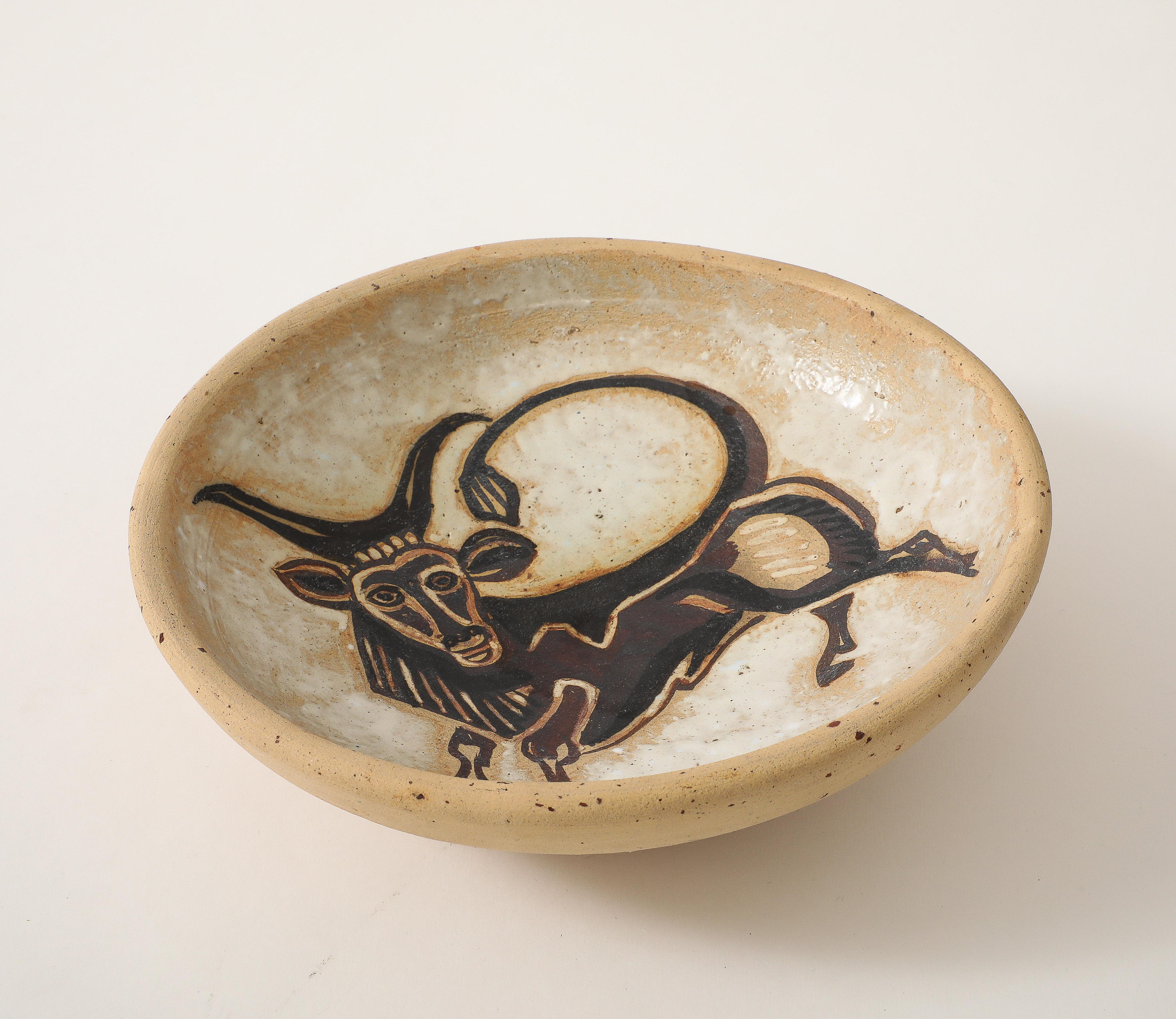 André Rosay Ceramic Bowl with Bull, La Borne, France, 1960, signed For Sale 1