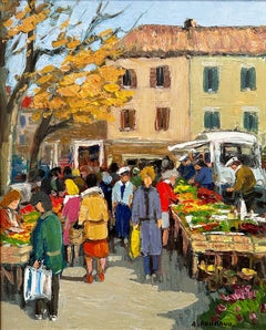 "Le Marché à Martigues" Colorata veduta impressionista di scena di mercato Pittura ad olio