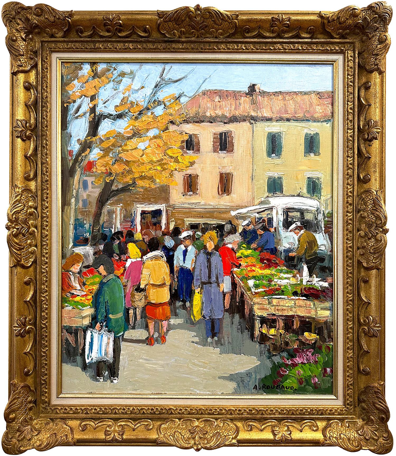 André Roubaud Landscape Painting - "Le Marché à Martigues" Colorful Impressionist view of Market Scene Oil Painting