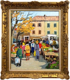 "Le Marché à Martigues" Colorful Impressionist view of Market Scene Oil Painting