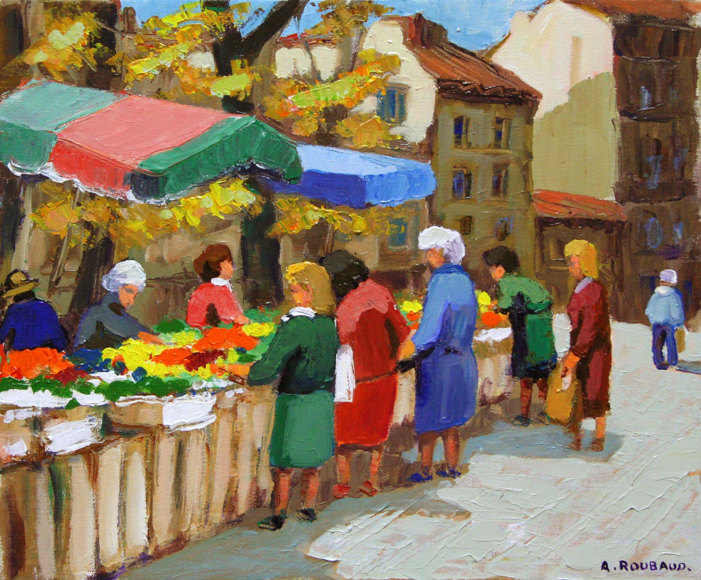 André Roubaud Figurative Painting - "Marche Cours Joseph Thierry" 15 x 18 inch Oil on Canvas by Andre Roubaud
