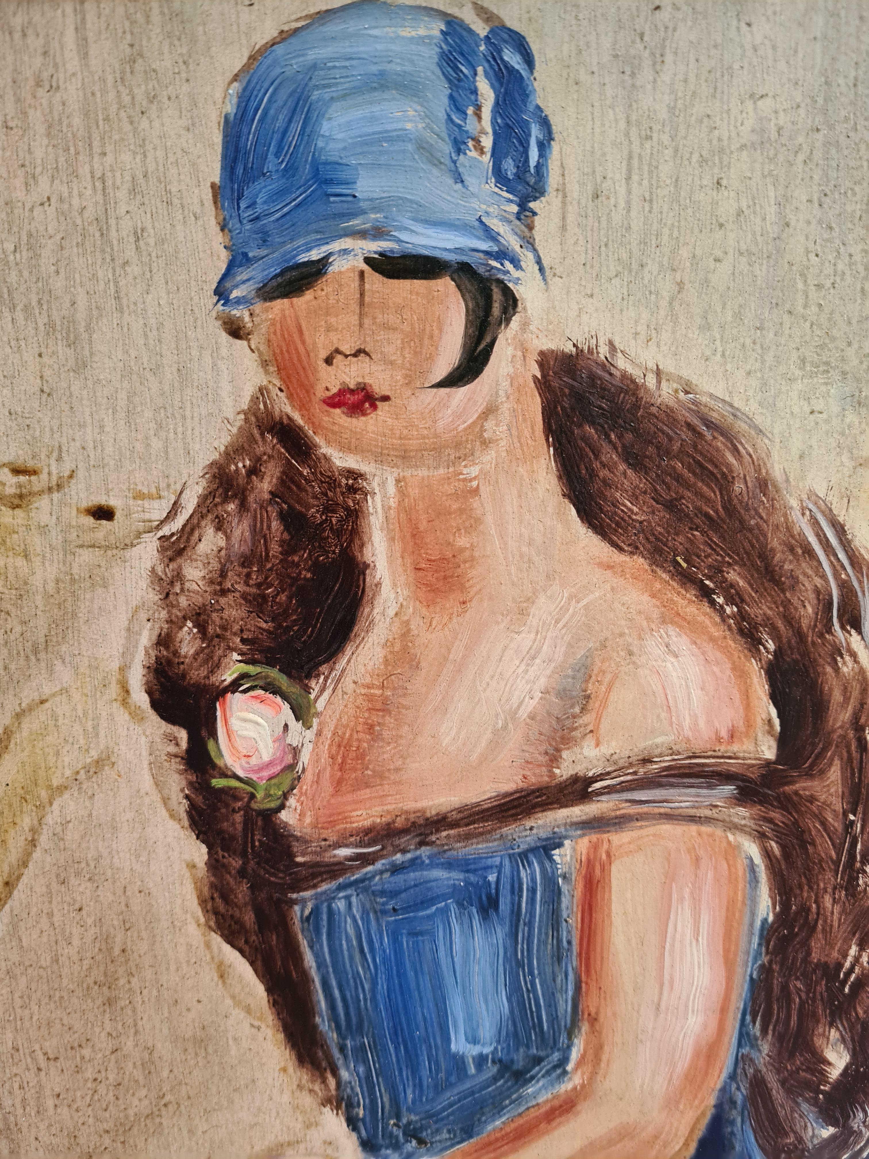 Millie, portrait assez moderne d'une beauté « baguette » avec chapeau et robe cloche - Painting de André Rouveyre