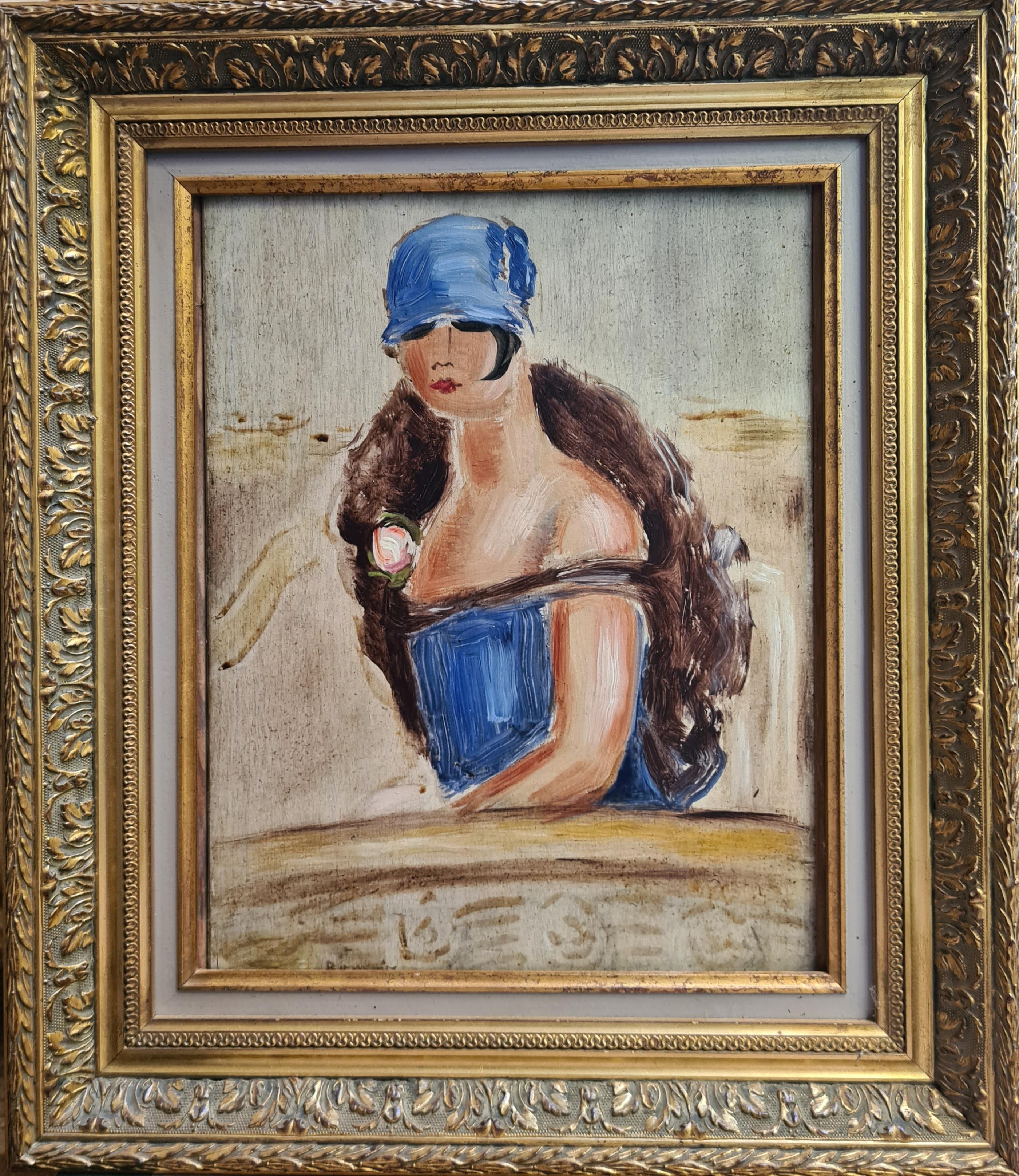 Millie, portrait assez moderne d'une beauté « baguette » avec chapeau et robe cloche - Expressionniste Painting par André Rouveyre