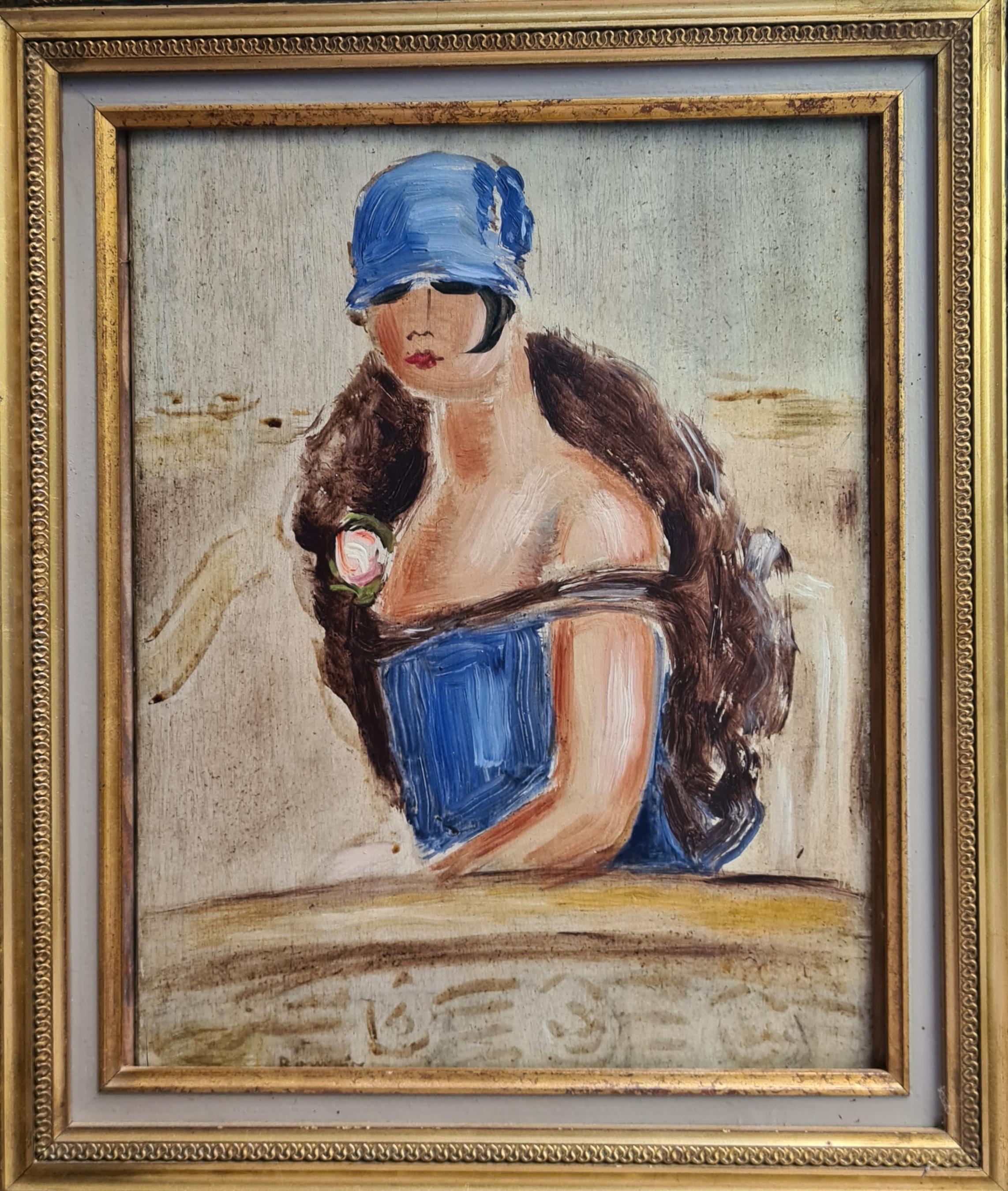 Huile sur panneau du début du 20e siècle représentant une dame au théâtre, coiffée d'un chapeau cloche et vêtue d'un costume de 