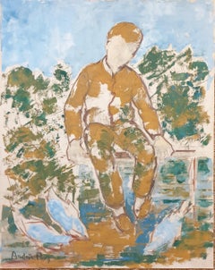 Feeding the Birds. Mid Century Post-Impressionist Gouache on Paper.