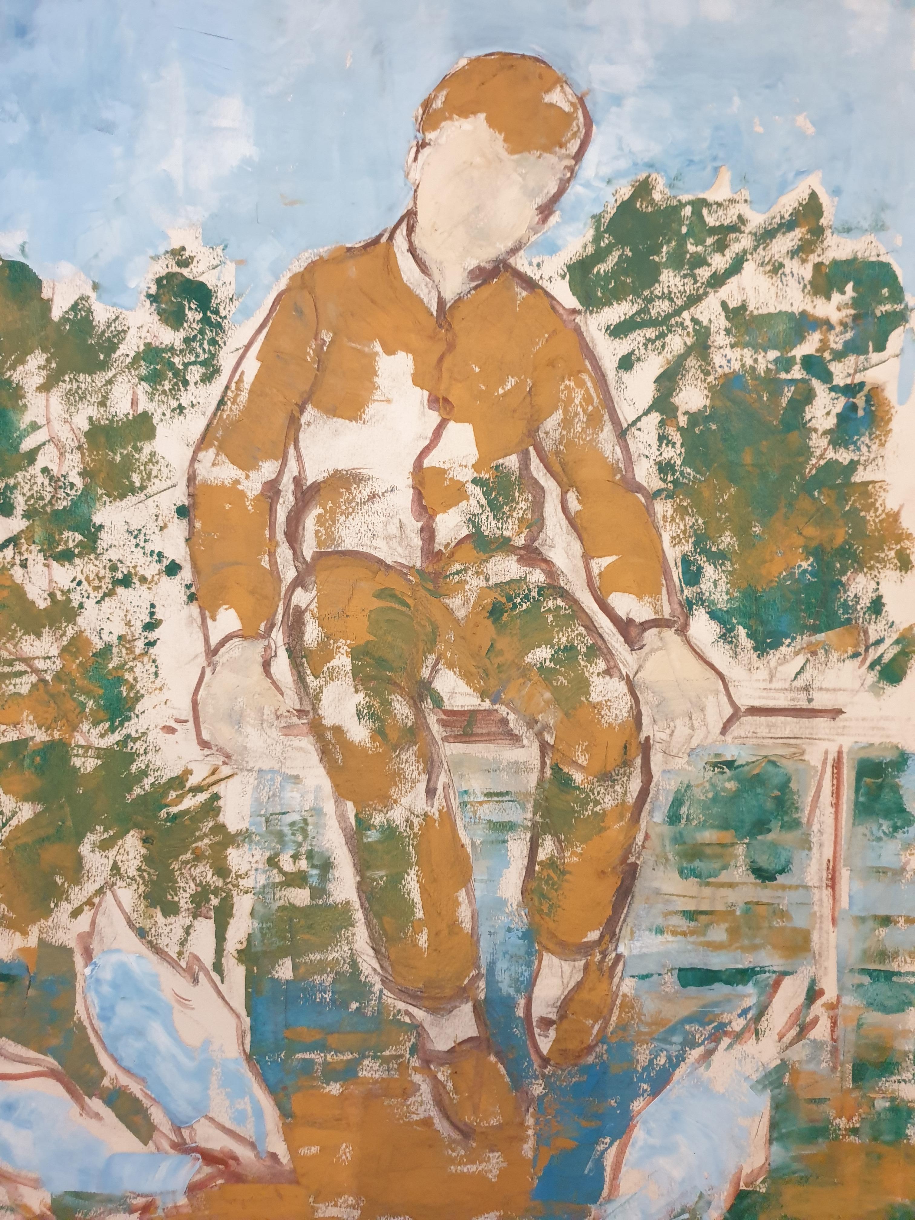 Andrée RUY PETROFF  Figurative Painting – Fütterung der Vögel. Postimpressionistische Gouache auf Papier aus der Mitte des Jahrhunderts.