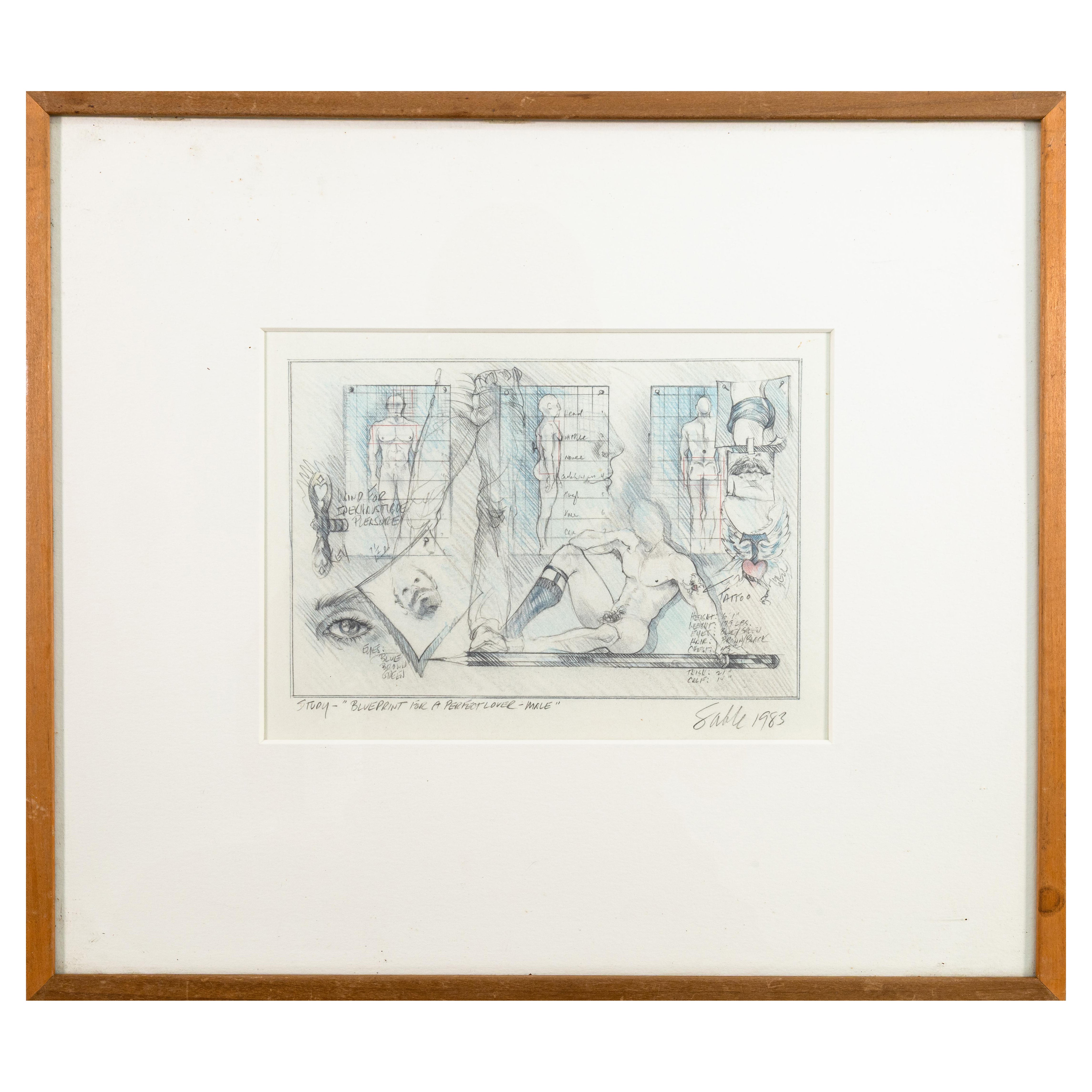 Andre Sable Signiert 1983 Studie Blaupause für einen perfekten Liebhaber (männlich) Postmoderne Il im Angebot