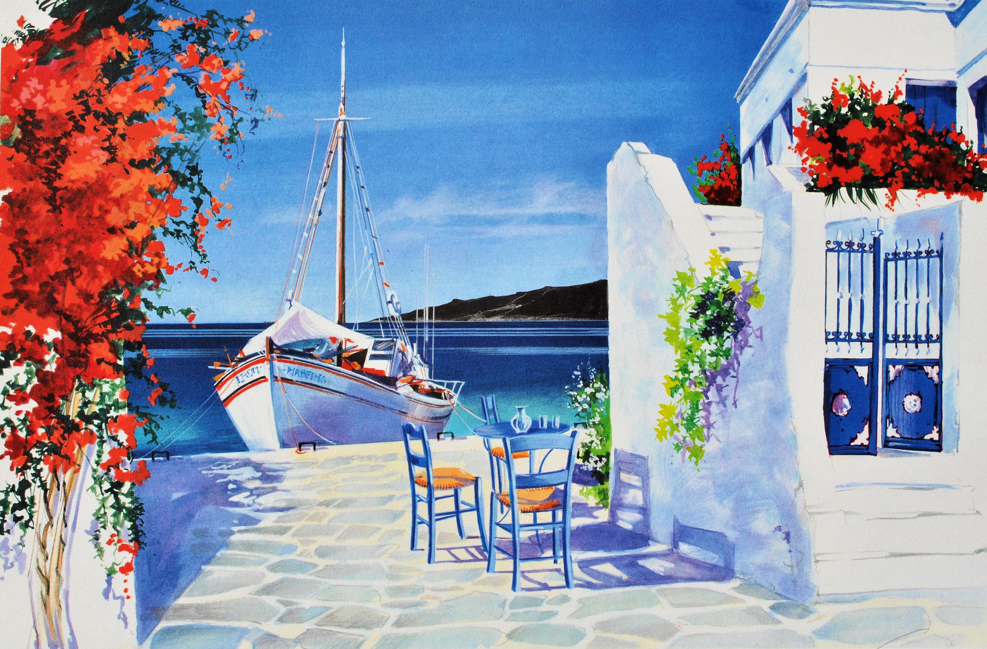 Riviera : Sailboat at Santorini - Original Lithograph, HANDSIGNED & Ltd /390 - Print by Andre SAVY