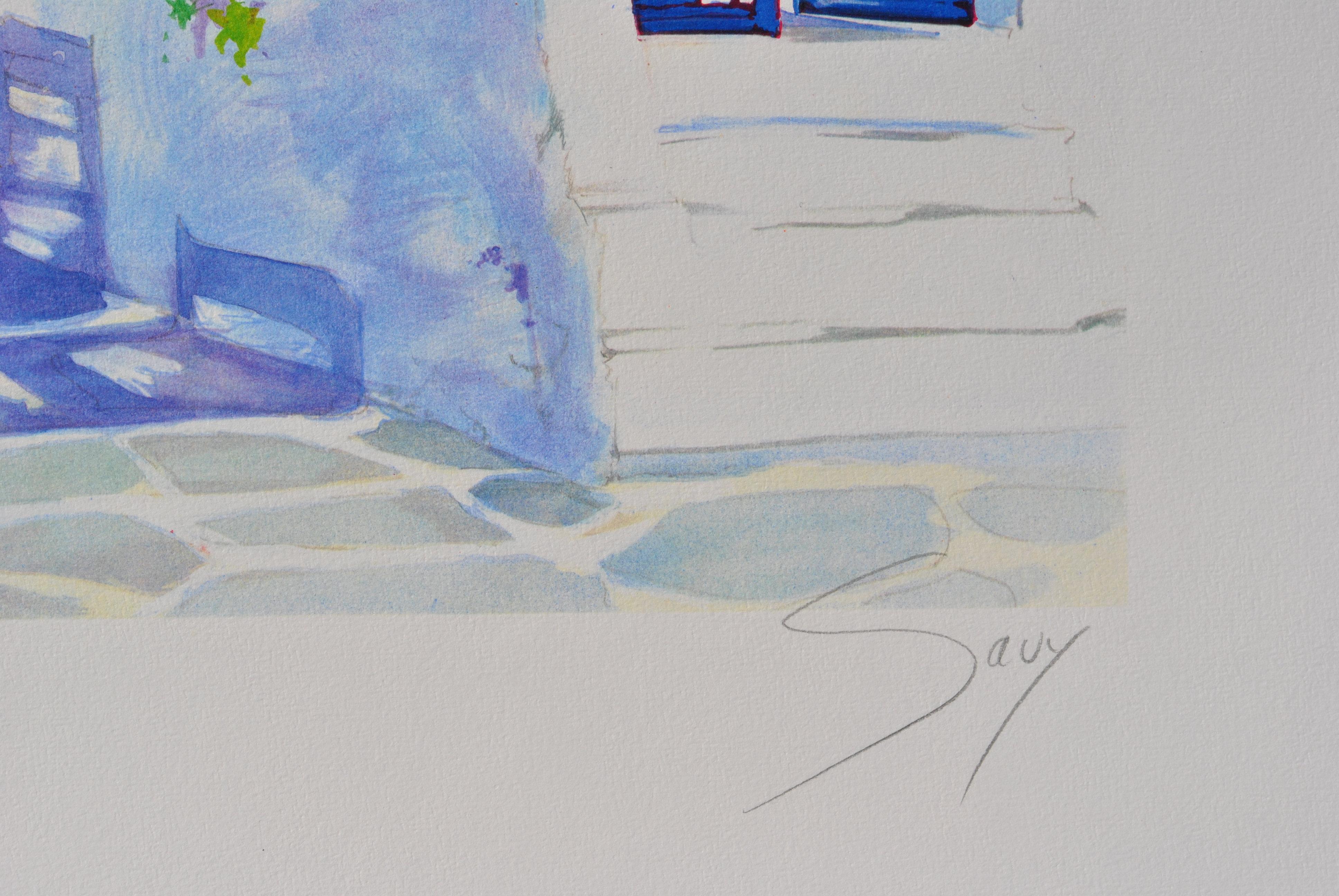 Riviera : Sailboat at Santorini - Original Lithograph, HANDSIGNED & Ltd /390 - Modern Print by Andre SAVY