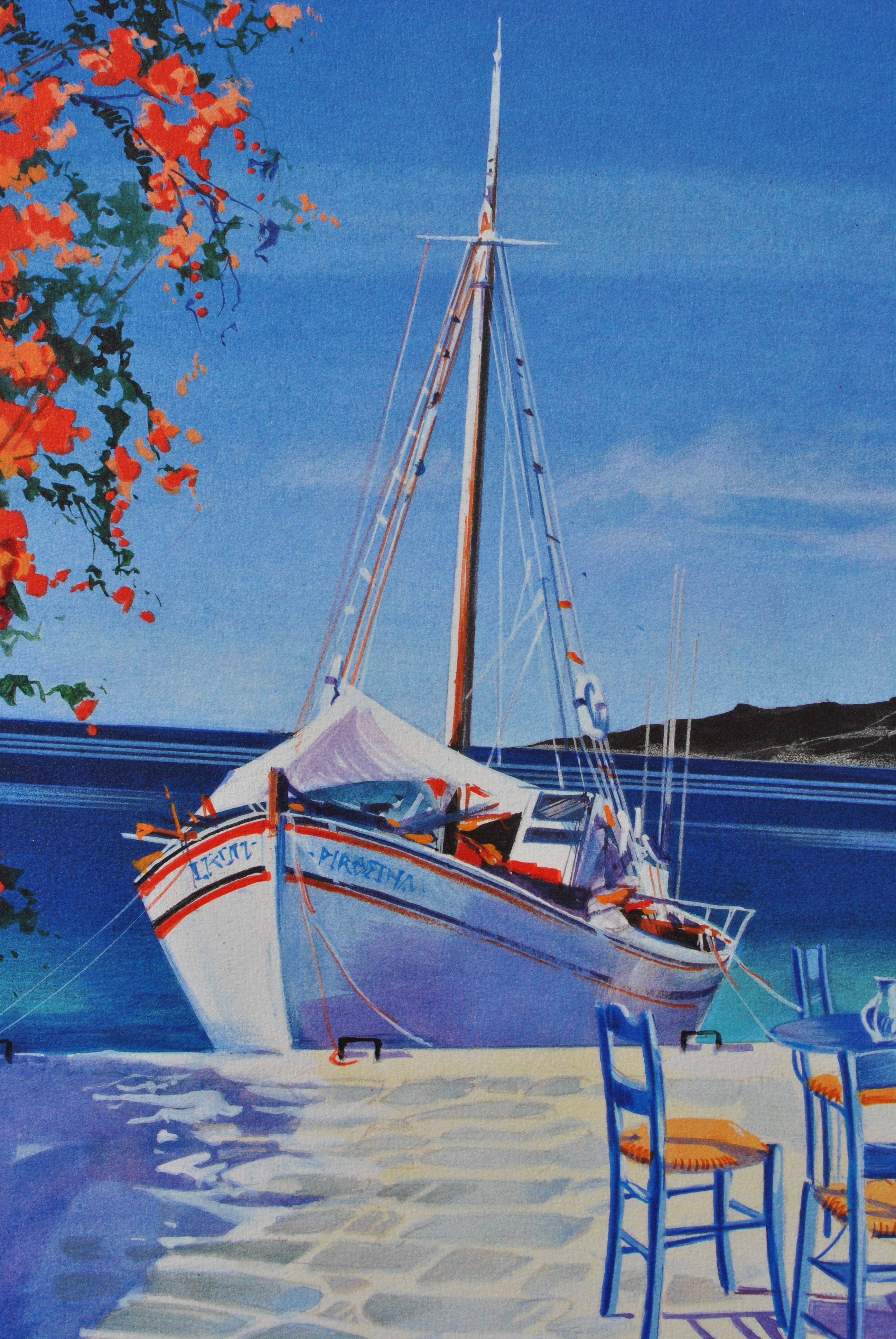 Riviera : Sailboat at Santorini - Original Lithograph, HANDSIGNED & Ltd /390 For Sale 1
