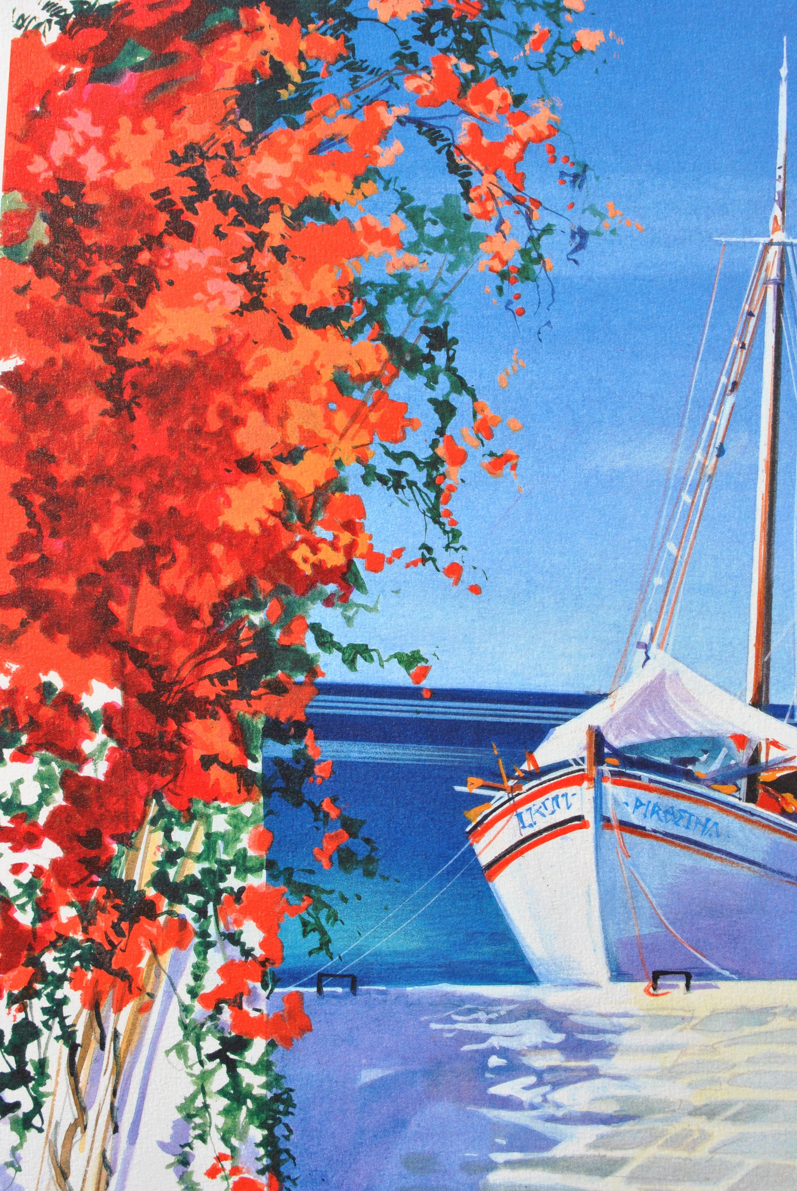 Riviera : Sailboat at Santorini - Original Lithograph, HANDSIGNED & Ltd /390 For Sale 2