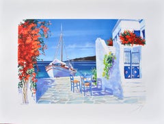 Riviera: Barca a vela a Santorini - Litografia originale, firmata a mano & Ltd /390