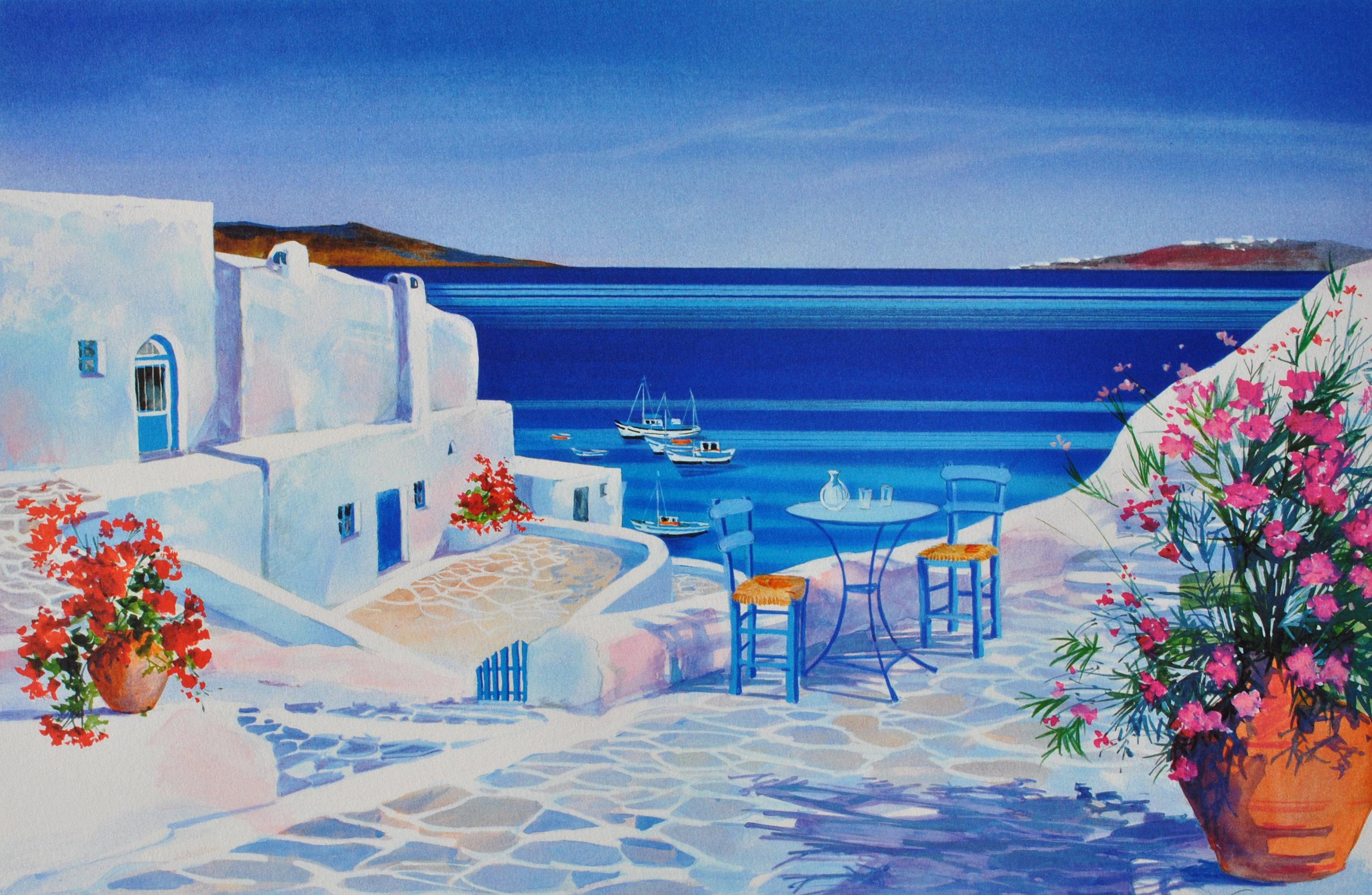 Riviera: Terrazza a Santorini - Litografia originale, firmata a mano & Ltd /390 - Print di Andre SAVY