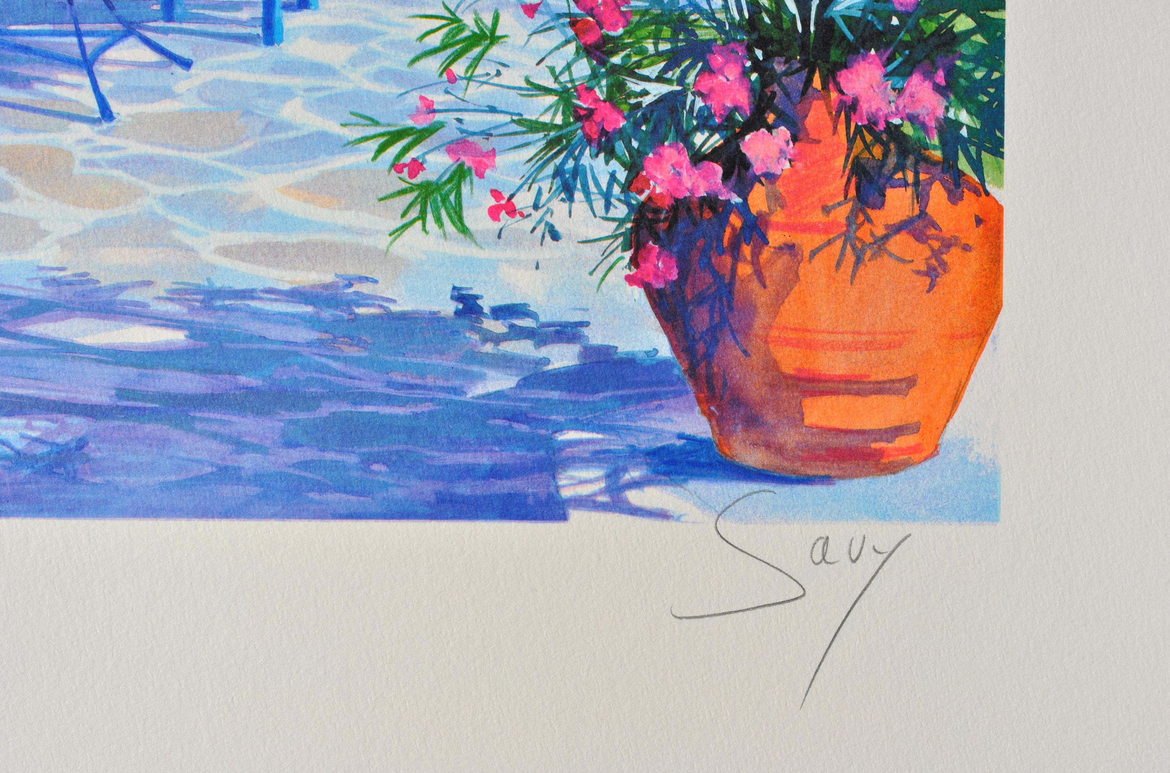 Riviera: Terrazza a Santorini - Litografia originale, firmata a mano & Ltd /390 - Print Moderno di Andre SAVY