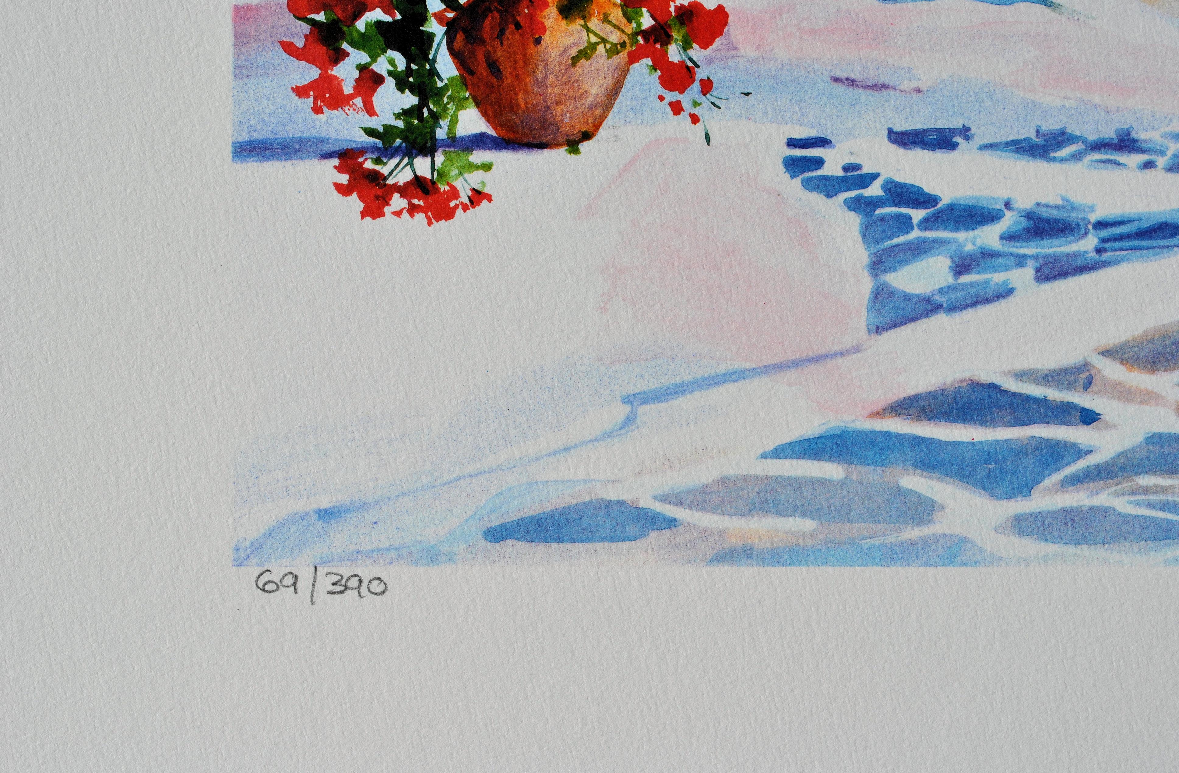 Riviera: Terrazza a Santorini - Litografia originale, firmata a mano & Ltd /390 - Landscape Print Blu di Andre SAVY