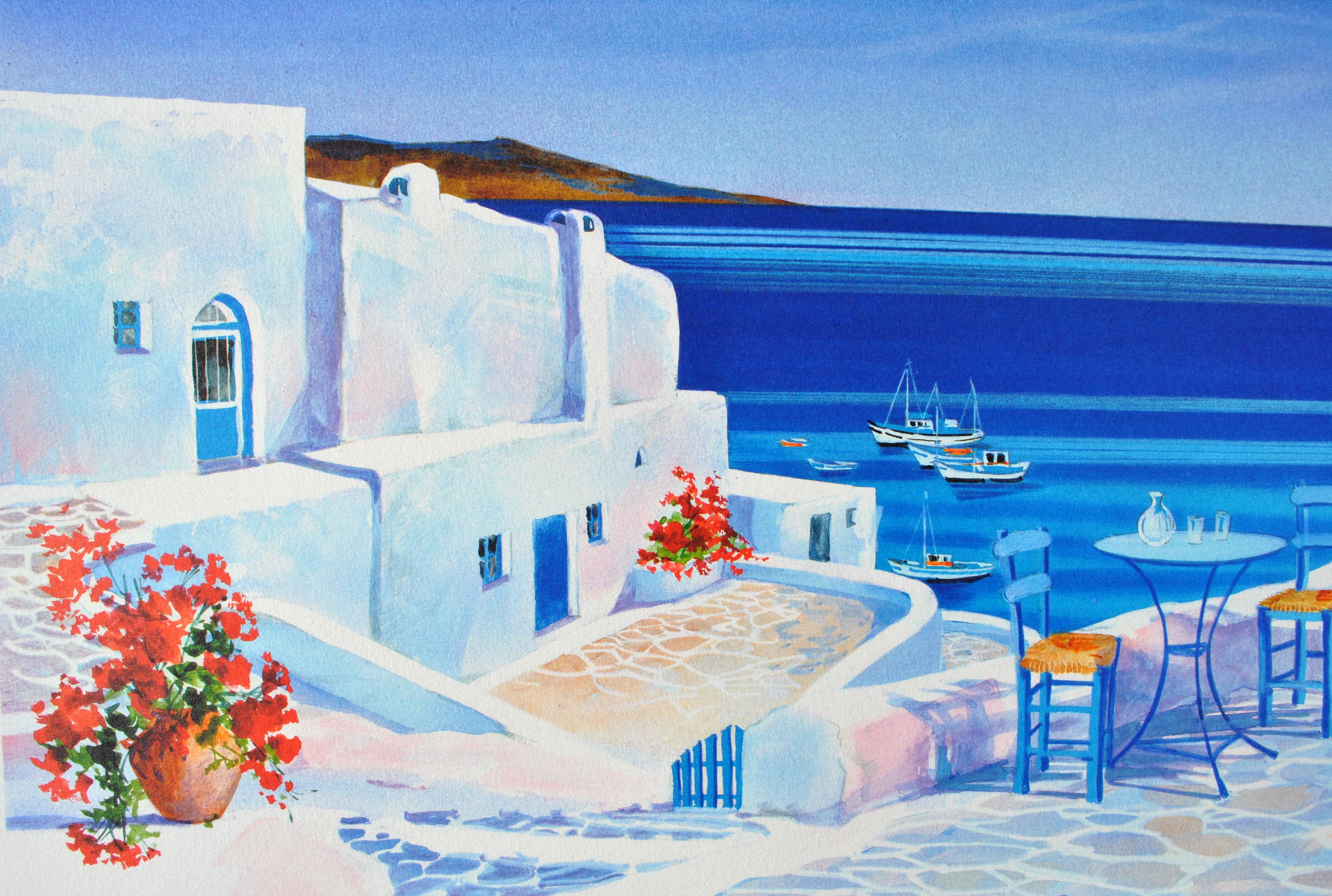 Riviera: Terrazza a Santorini - Litografia originale, firmata a mano & Ltd /390 in vendita 3