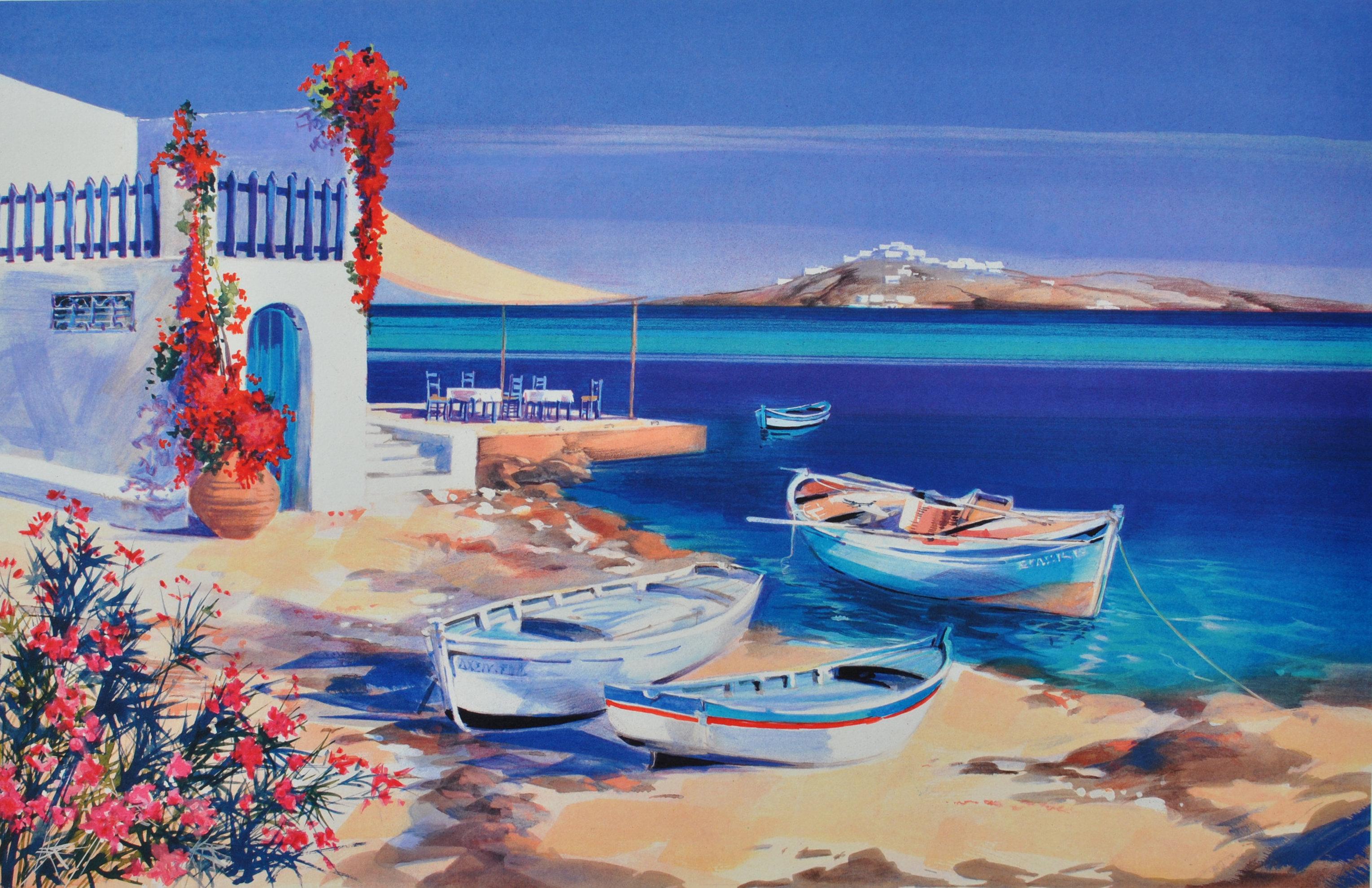 Riviera: Tre barche a Santorini - Litografia originale, firmata a mano & Ltd /390 - Print di Andre SAVY