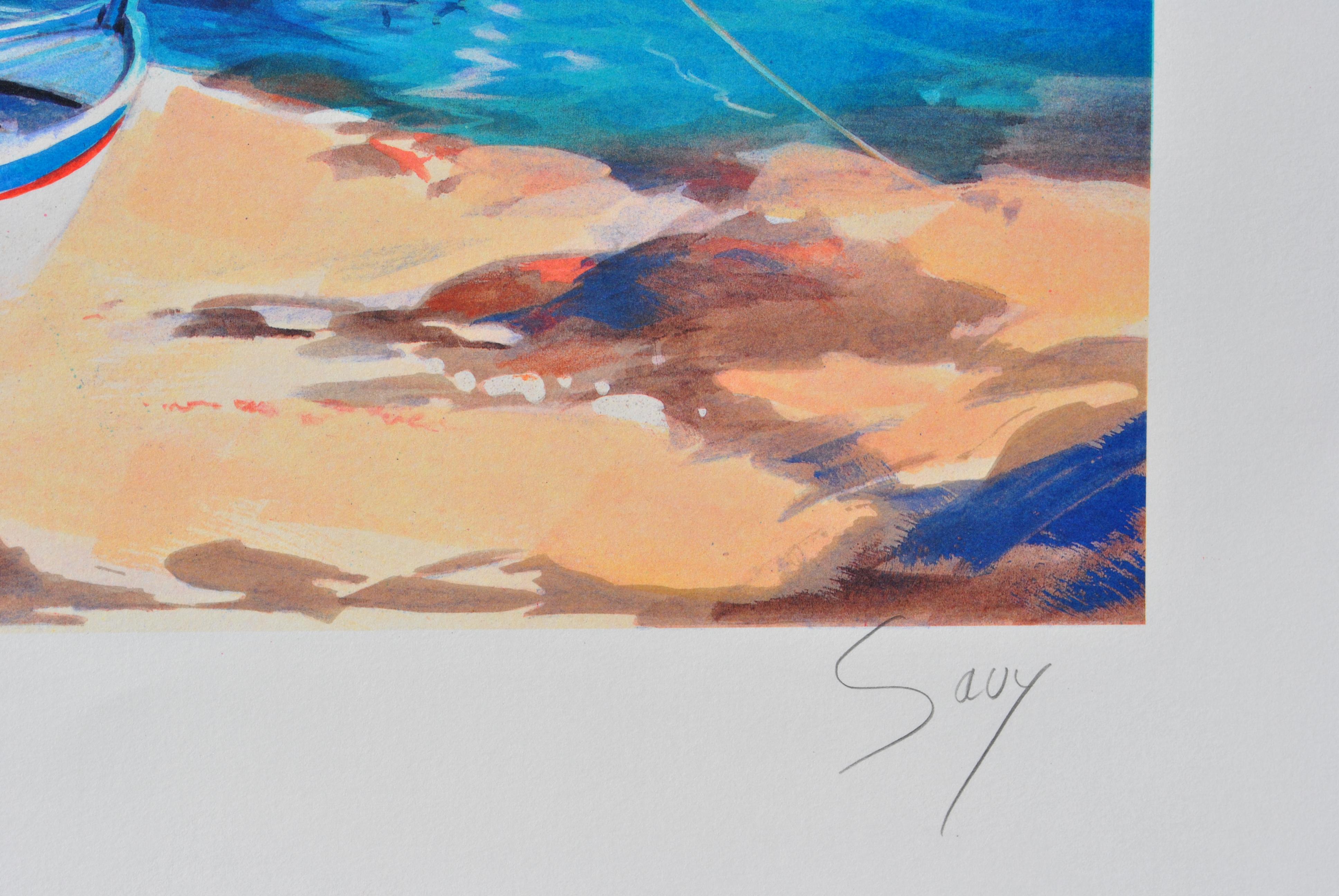 Riviera: Tre barche a Santorini - Litografia originale, firmata a mano & Ltd /390 - Print Moderno di Andre SAVY