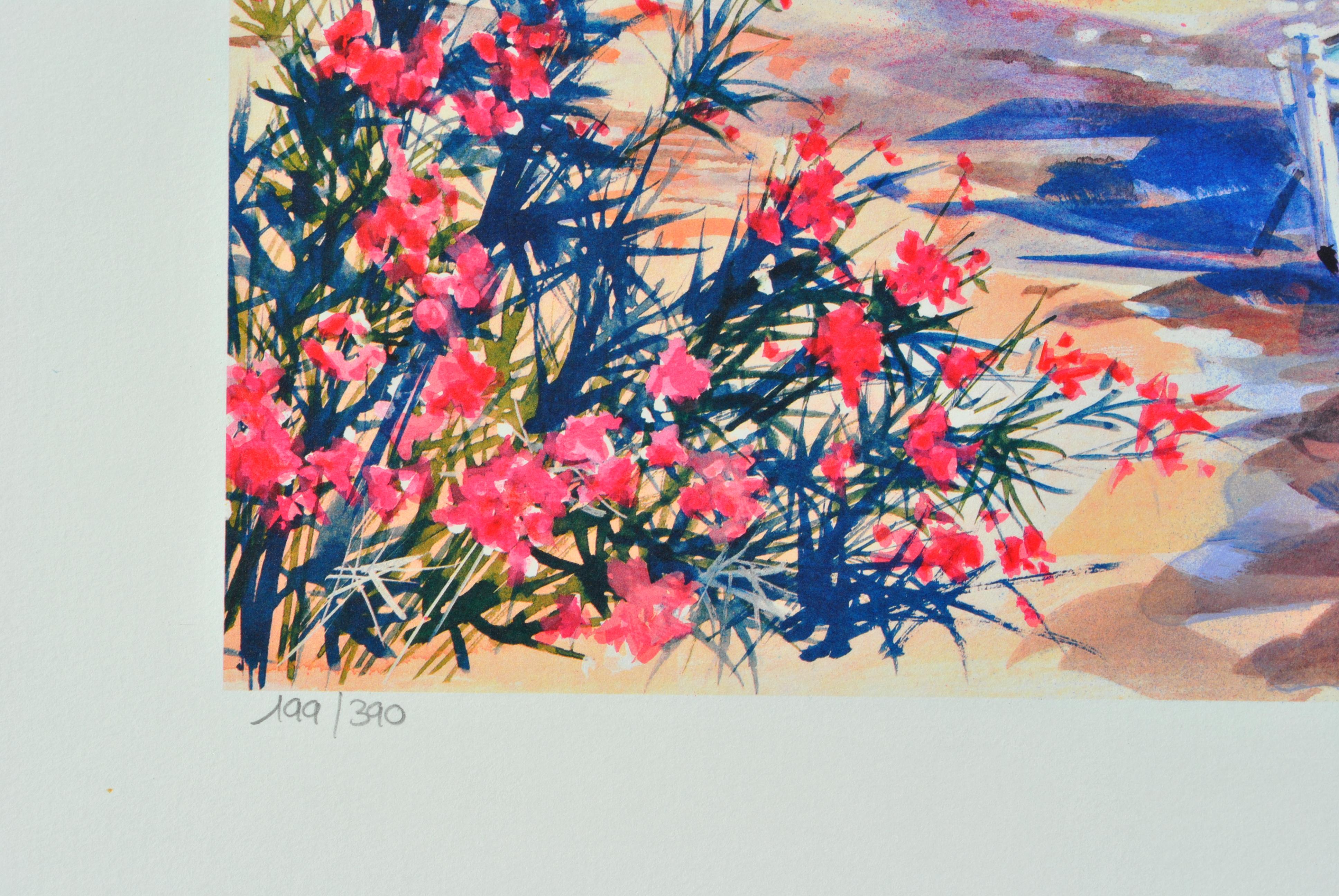 Riviera: Tre barche a Santorini - Litografia originale, firmata a mano & Ltd /390 - Landscape Print Grigio di Andre SAVY