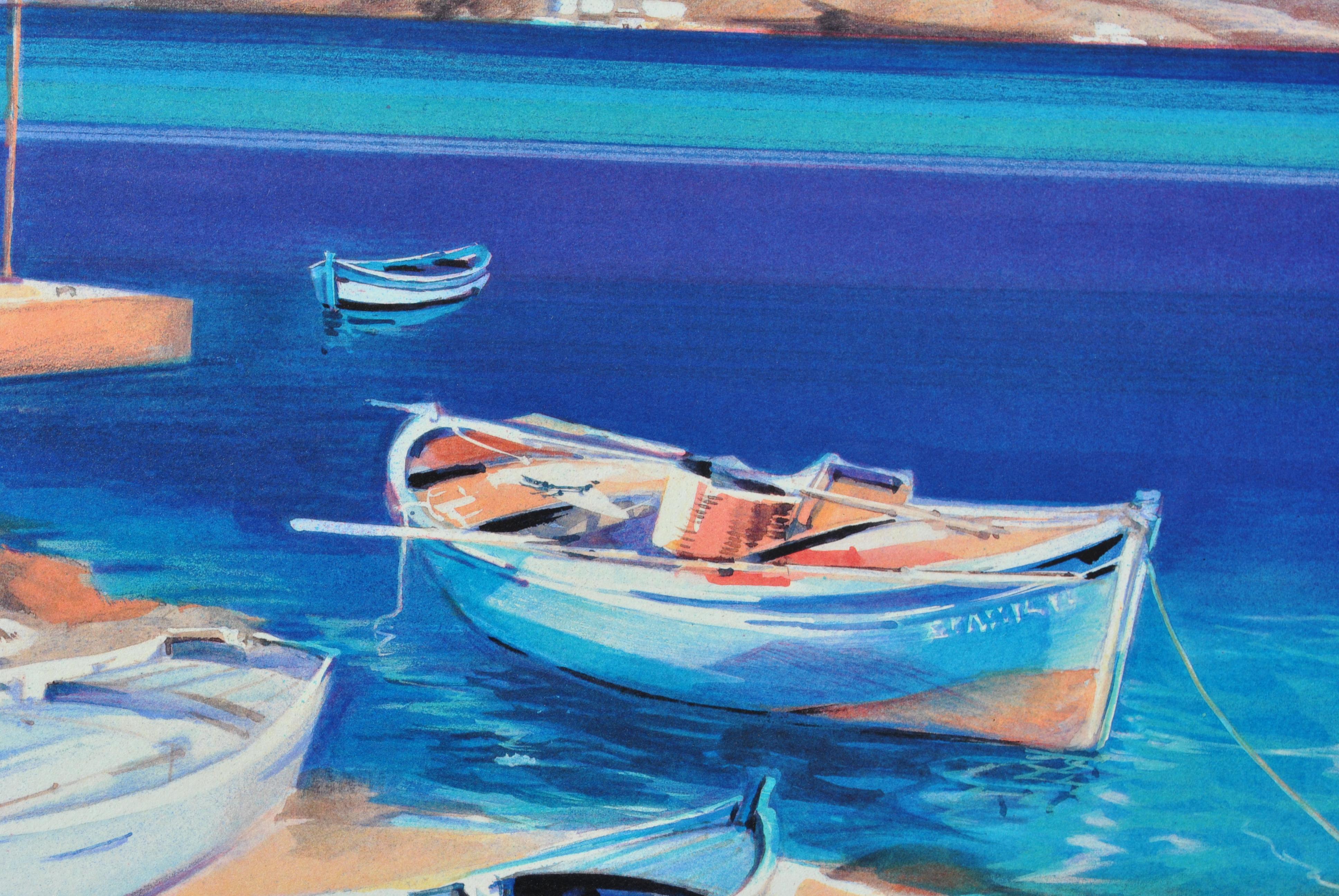 Riviera: Tre barche a Santorini - Litografia originale, firmata a mano & Ltd /390 in vendita 1