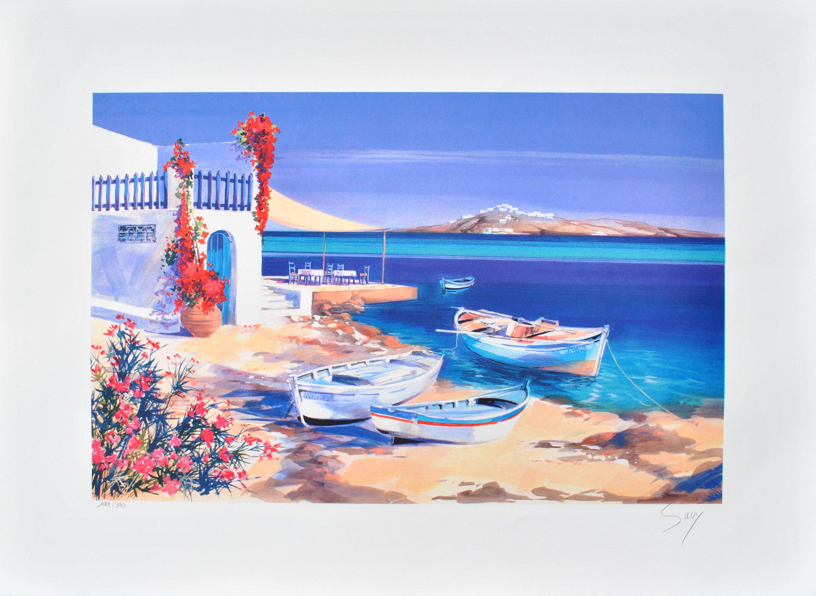 Riviera: Tre barche a Santorini - Litografia originale, firmata a mano & Ltd /390