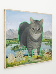 "Spinning Cat (Oiia Cat)", Contemporary Intervention on Vintage Painting