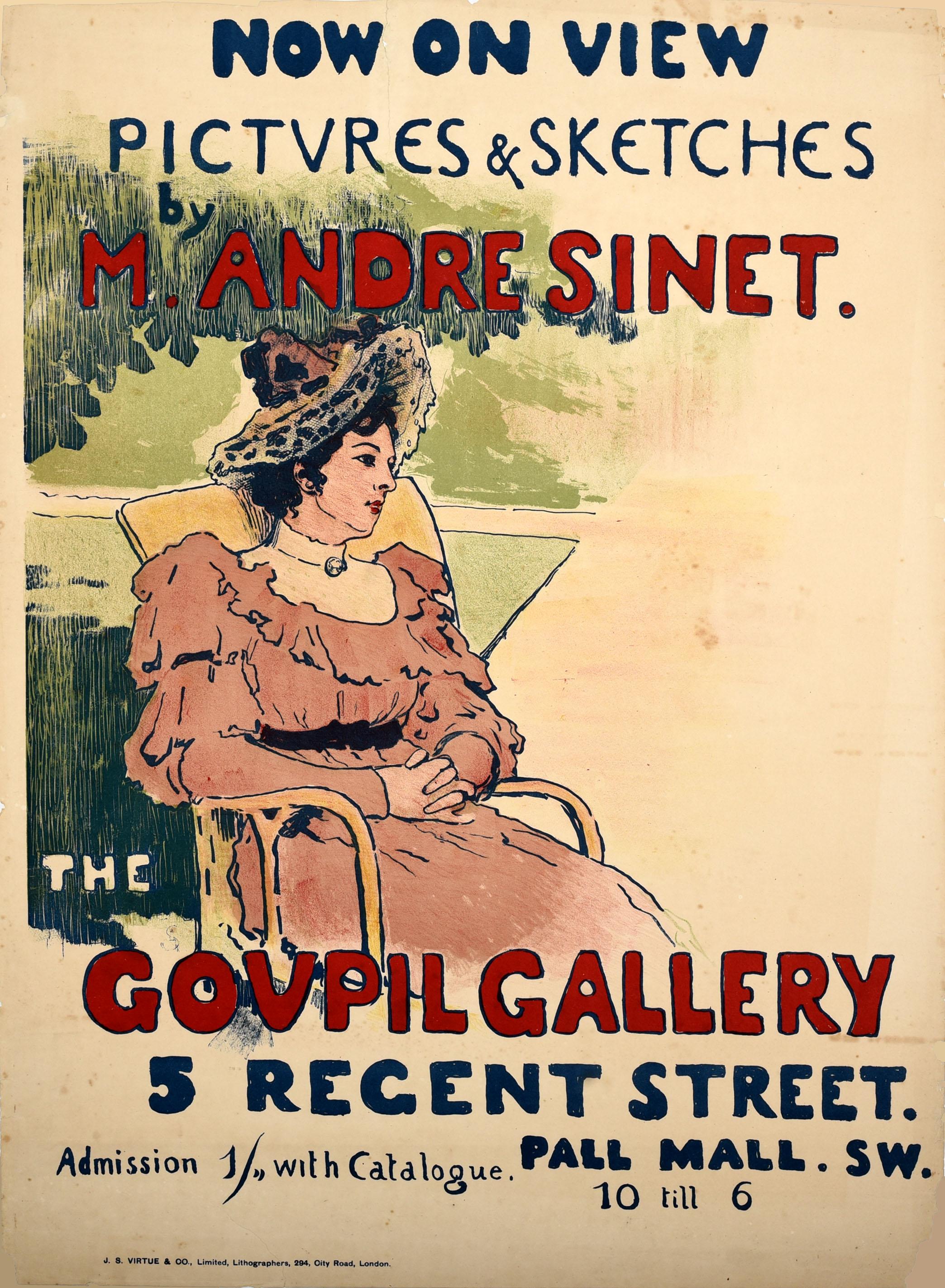 Original antique art exhibition poster - Now on view Pictures & sketches by M. Andre Sinet - held at the Goupil Gallery 5 Regent Street Pall Mall in London featuring artwork by the French artist Andre Sinet (1867-1923) of a lady wearing a frilly