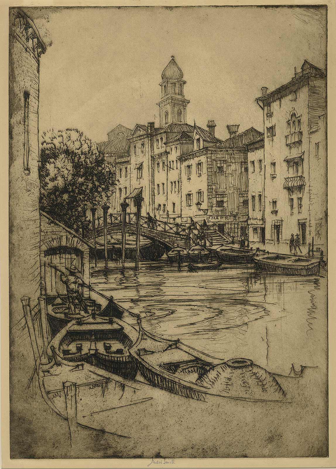 Venice (gondolas, arched bridges and villas along a canal of this fabled city) - Brown Landscape Print by André Smith