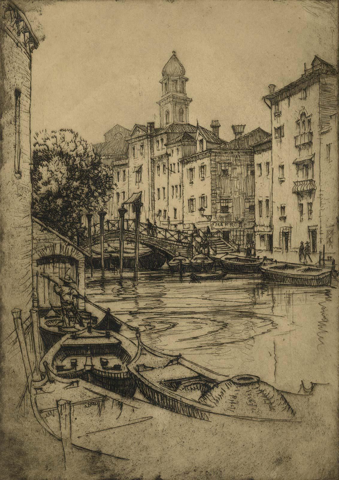 André Smith Landscape Print - Venice (gondolas, arched bridges and villas along a canal of this fabled city)