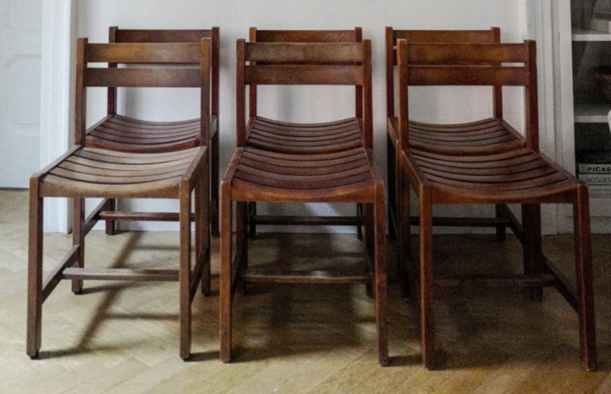 French Andre Sornay Beech Slatted Wood Dining Chairs, France, circa 1960 Mid Century For Sale
