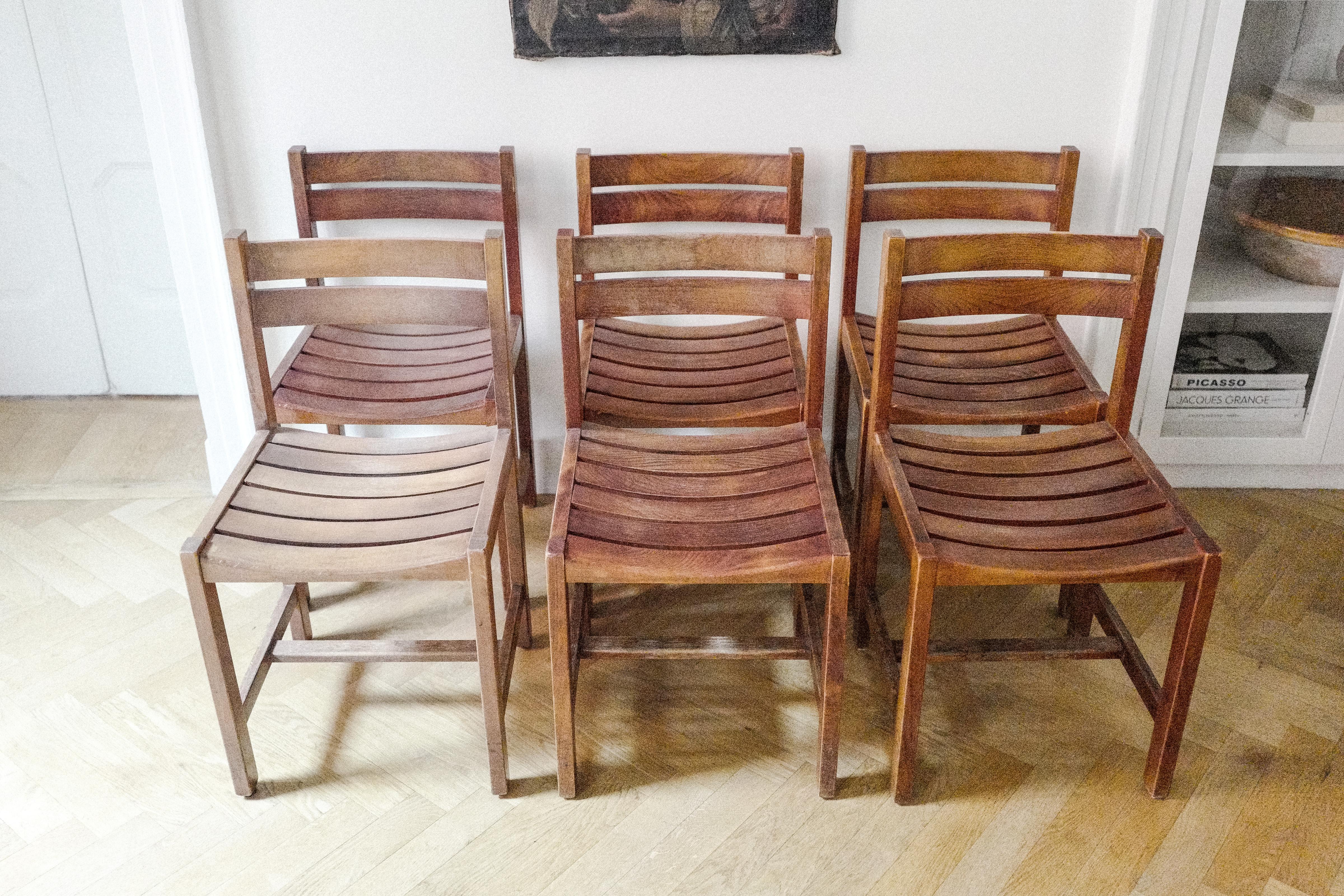 19th Century Andre Sornay Beech Slatted Wood Dining Chairs, France, circa 1960 Mid Century For Sale