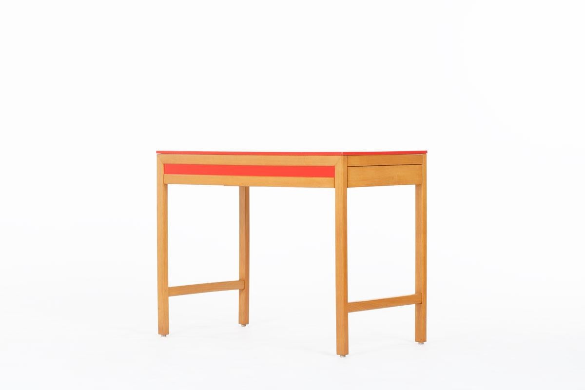 Console table designed by French cabinet maker Andre Sornay in the sixties
Structure in beech with red lacquered panels
Drawer on one side
Tigette system