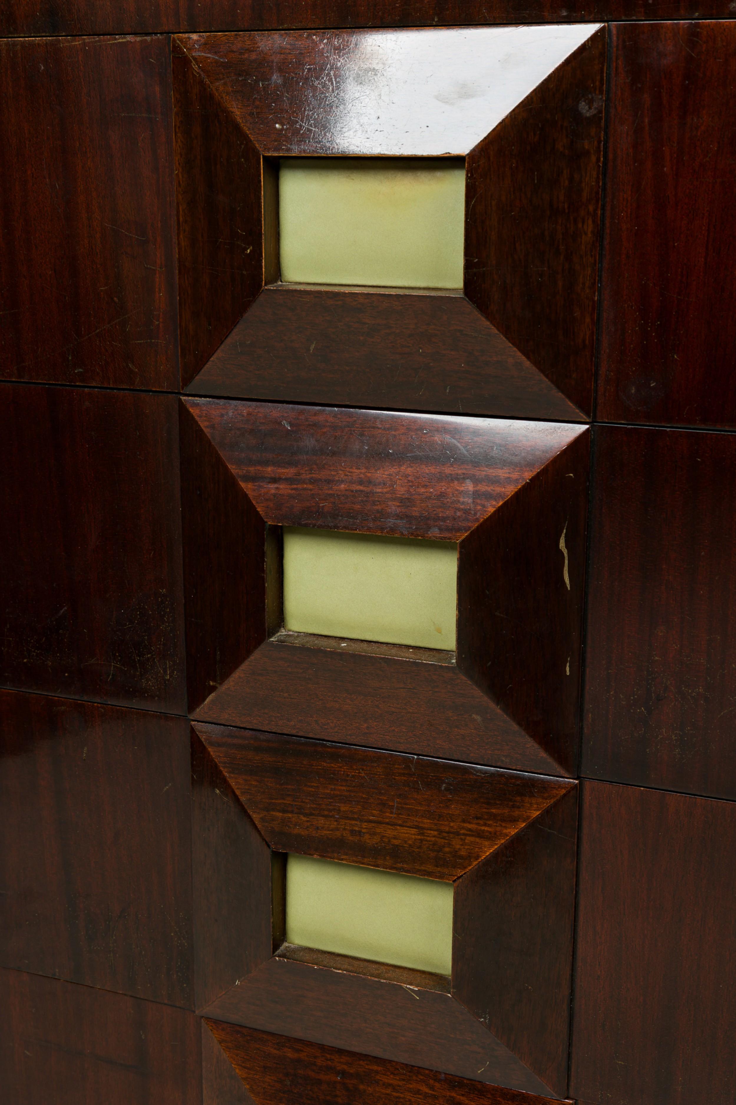 Andre Sornay French Mid-Century Mahogany Veneer Faceted Front Highboy Chest In Good Condition For Sale In Queens, NY