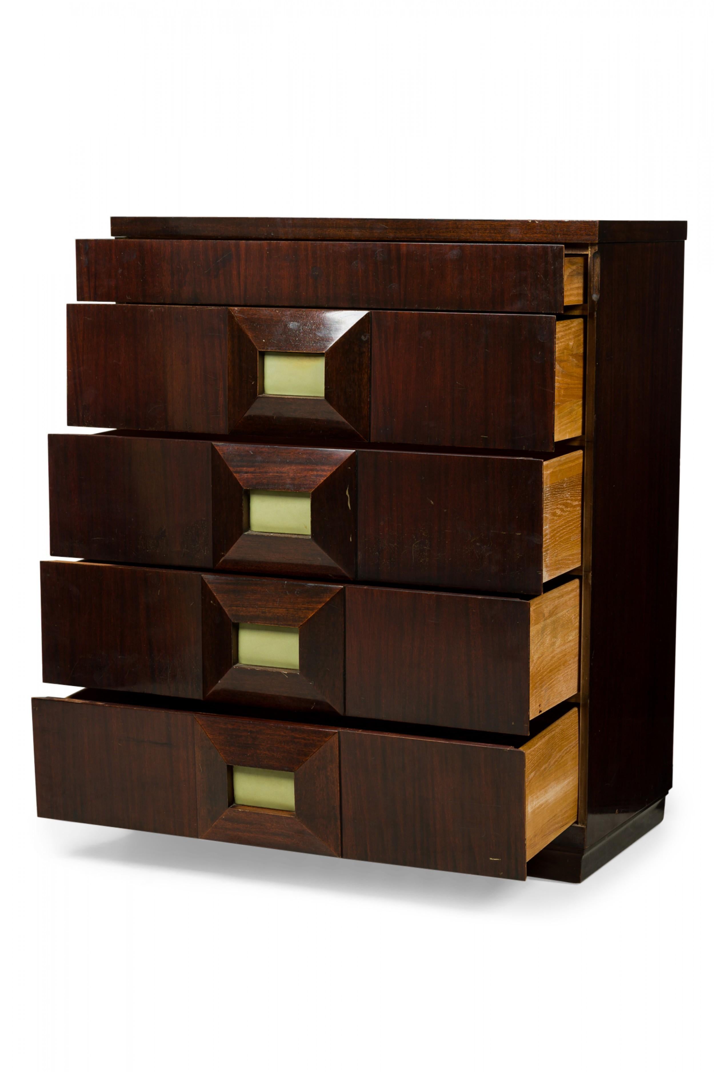 Andre Sornay French Mid-Century Mahogany Veneer Faceted Front Highboy Chest For Sale 1