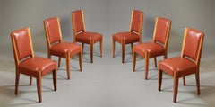 André Sornay: Important Set of Six Walnut & Leather Dining Chairs, France 1930s