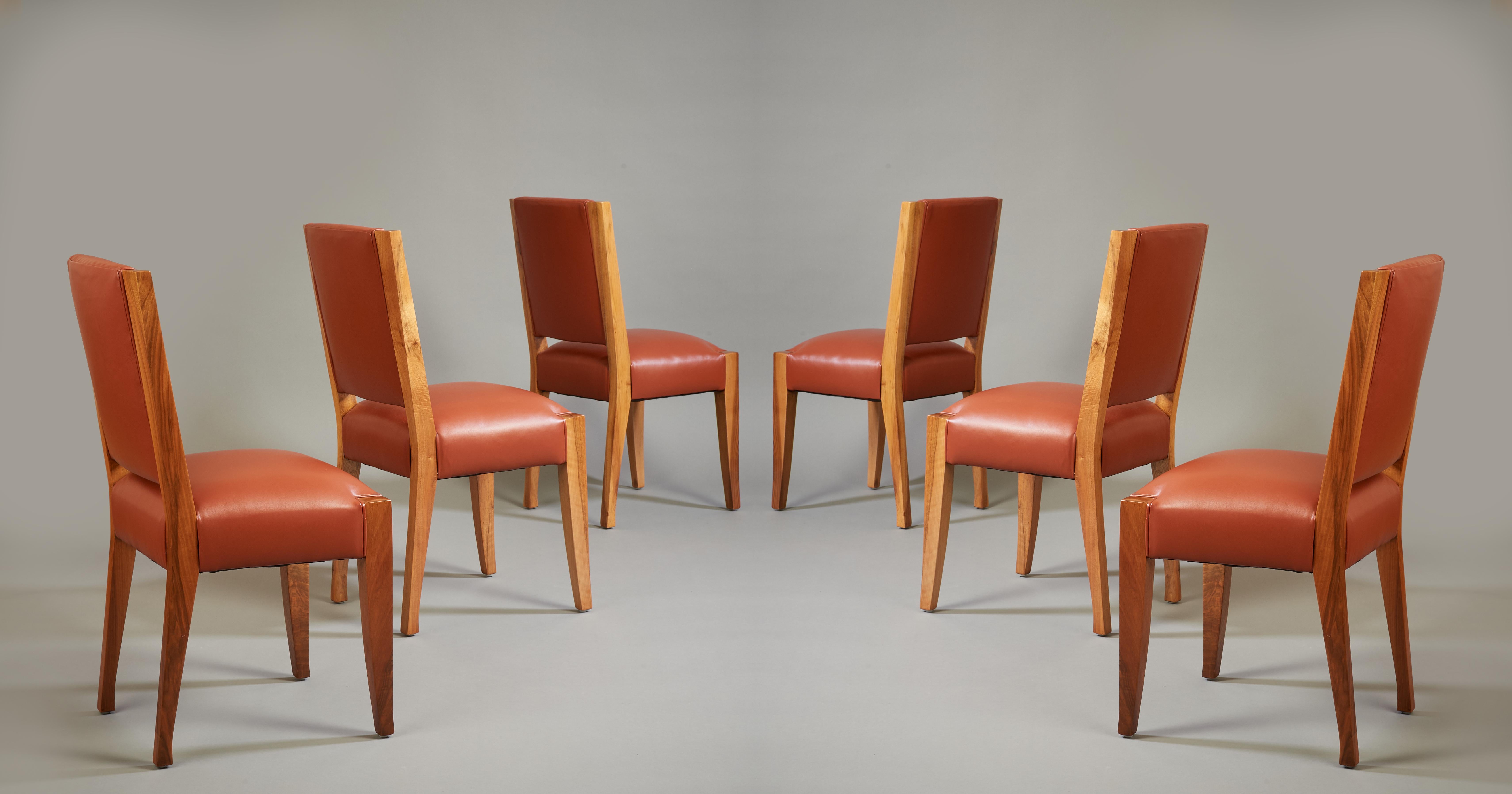 Mid-Century Modern André Sornay: Important Set of Six Walnut & Leather Dining Chairs, France 1930s For Sale